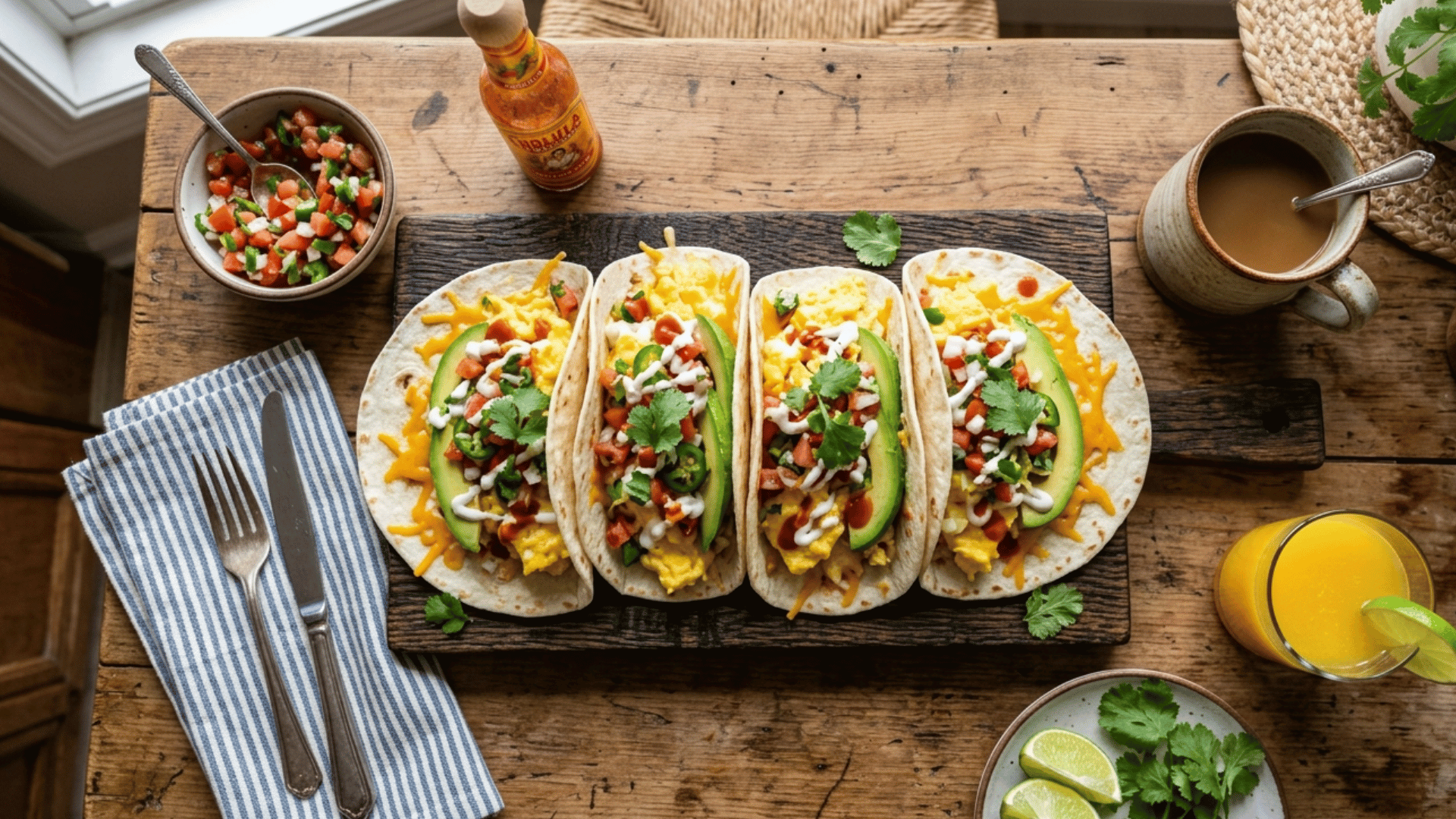 loaded breakfast tacos with scrambled eggs, cheese, avocado, and salsa in soft flour tortillas