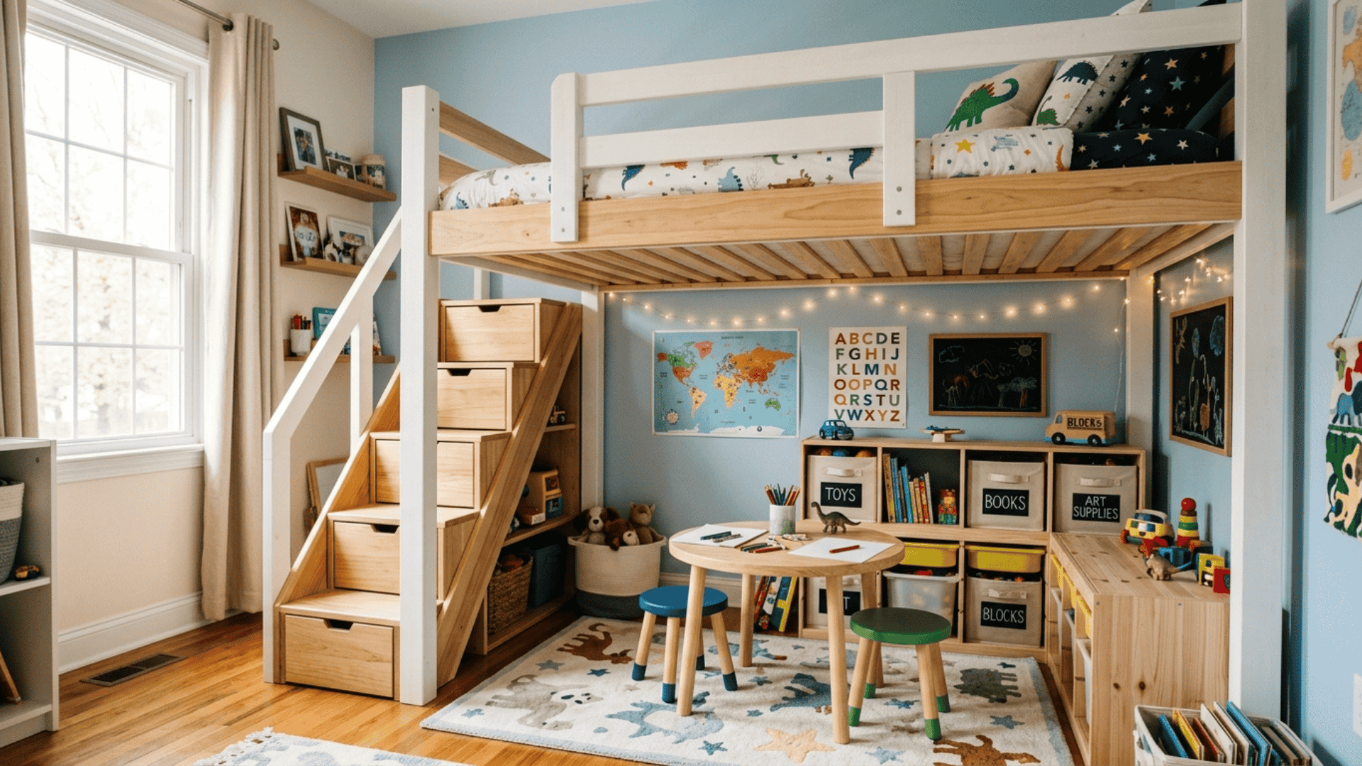 loft bed with play area underneath creating two functional zones in a small combined bedroom playroom