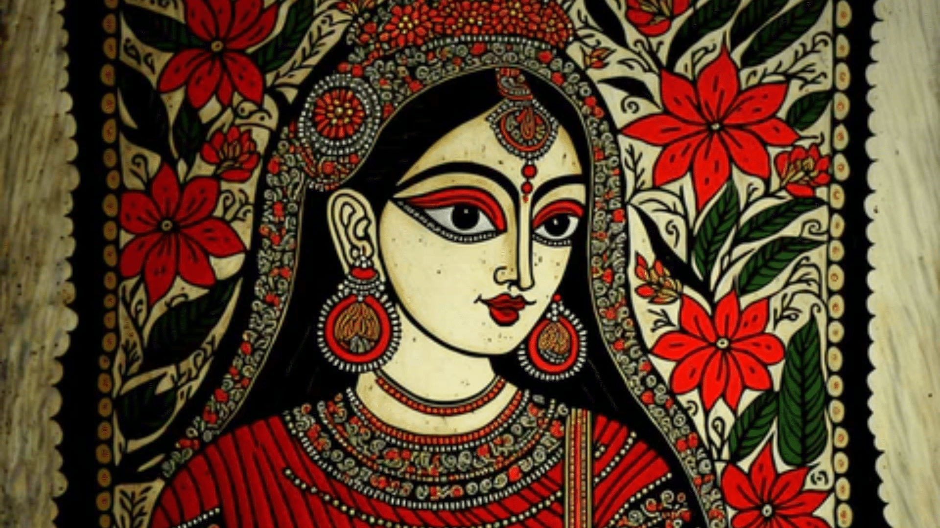 madhubani painting featuring bold patterns, flat colours, and detailed mythological or nature motifs arranged in decorative composition