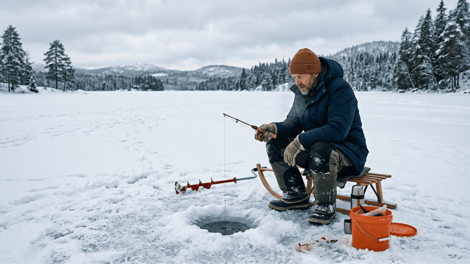 man ice fishing on frozen lake using small rod and auger surrounded by snow and distant forest landscape