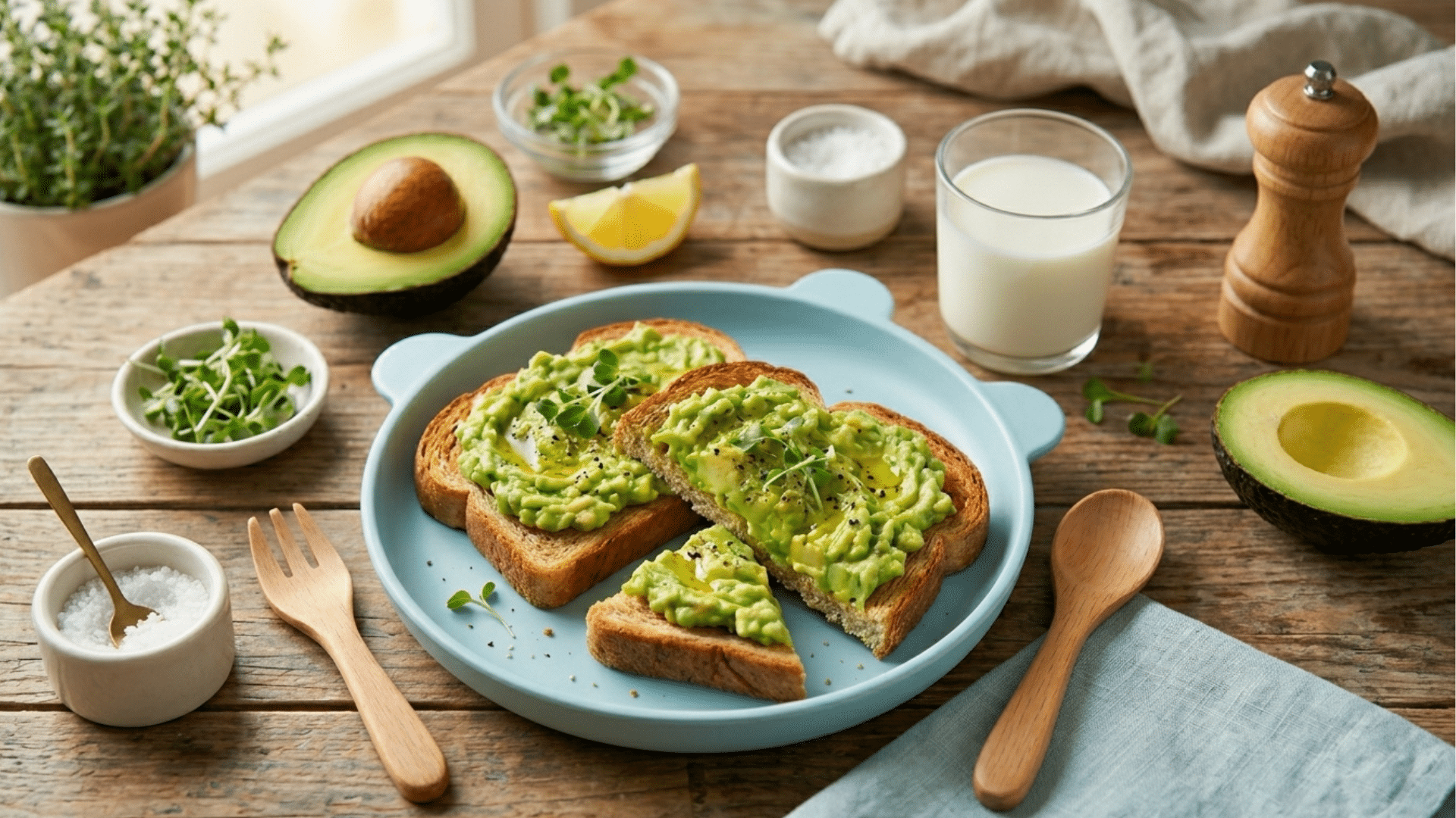 mashed avocado on toast cut into small pieces for a healthy toddler snack.
