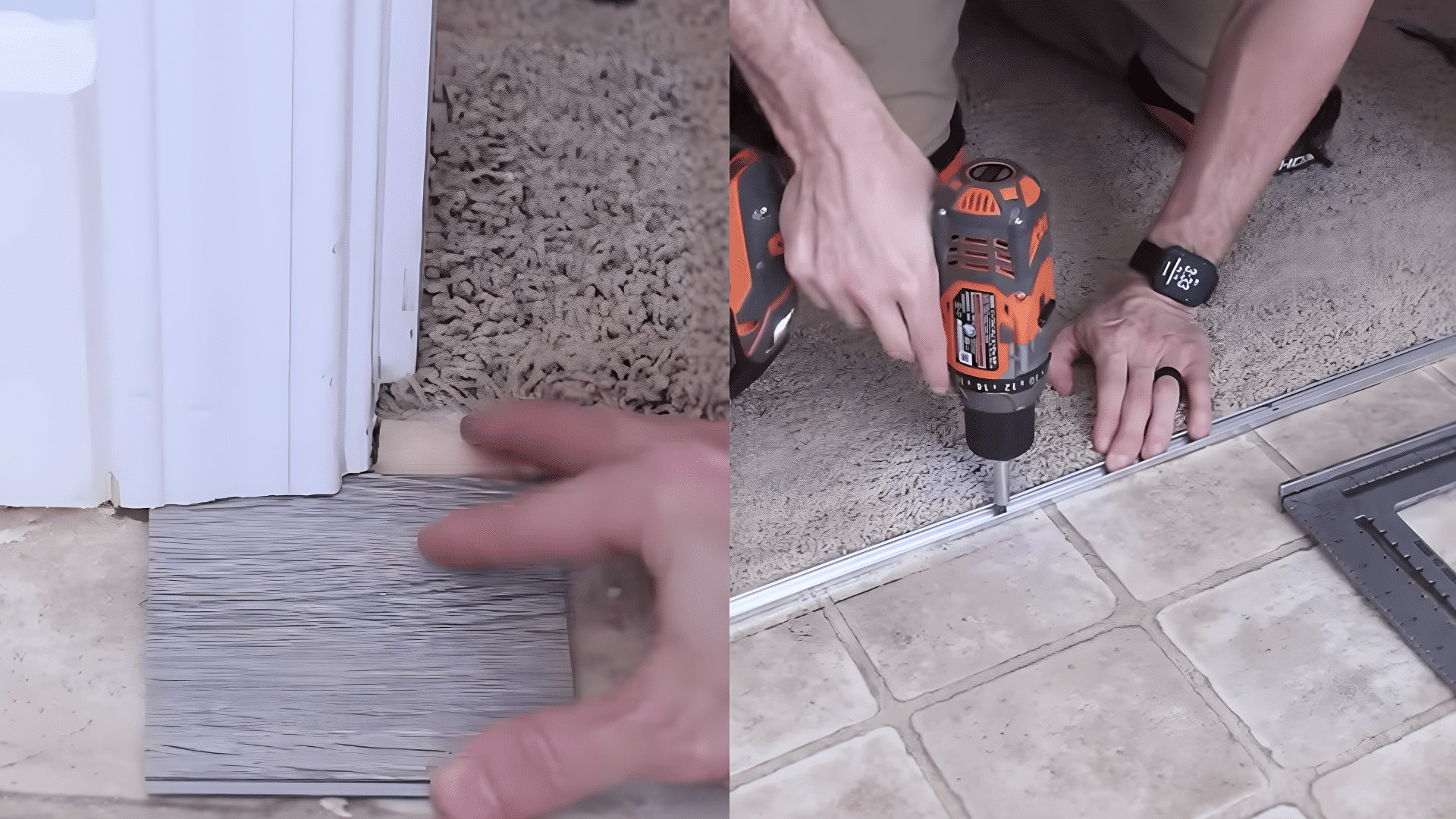 measuring and fitting vinyl plank near door trim during installation process.