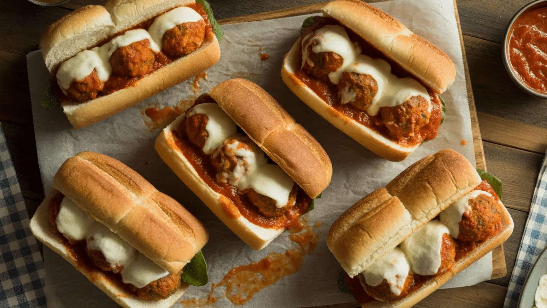 meatball subs with marinara sauce and melted cheese served in soft buns arranged on parchment paper with extra sauce nearby