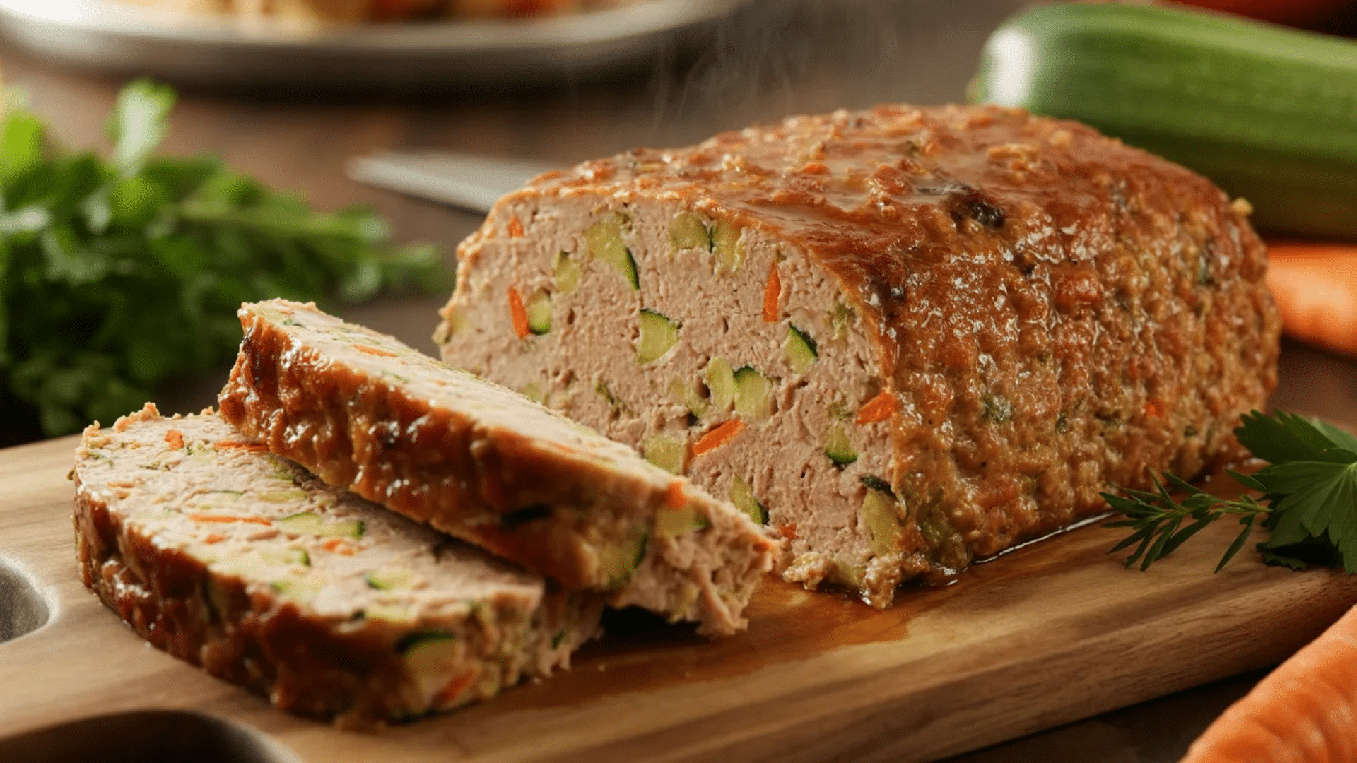 meatloaf sliced and served on a cutting board with vegetables inside and fresh herbs placed beside the loaf
