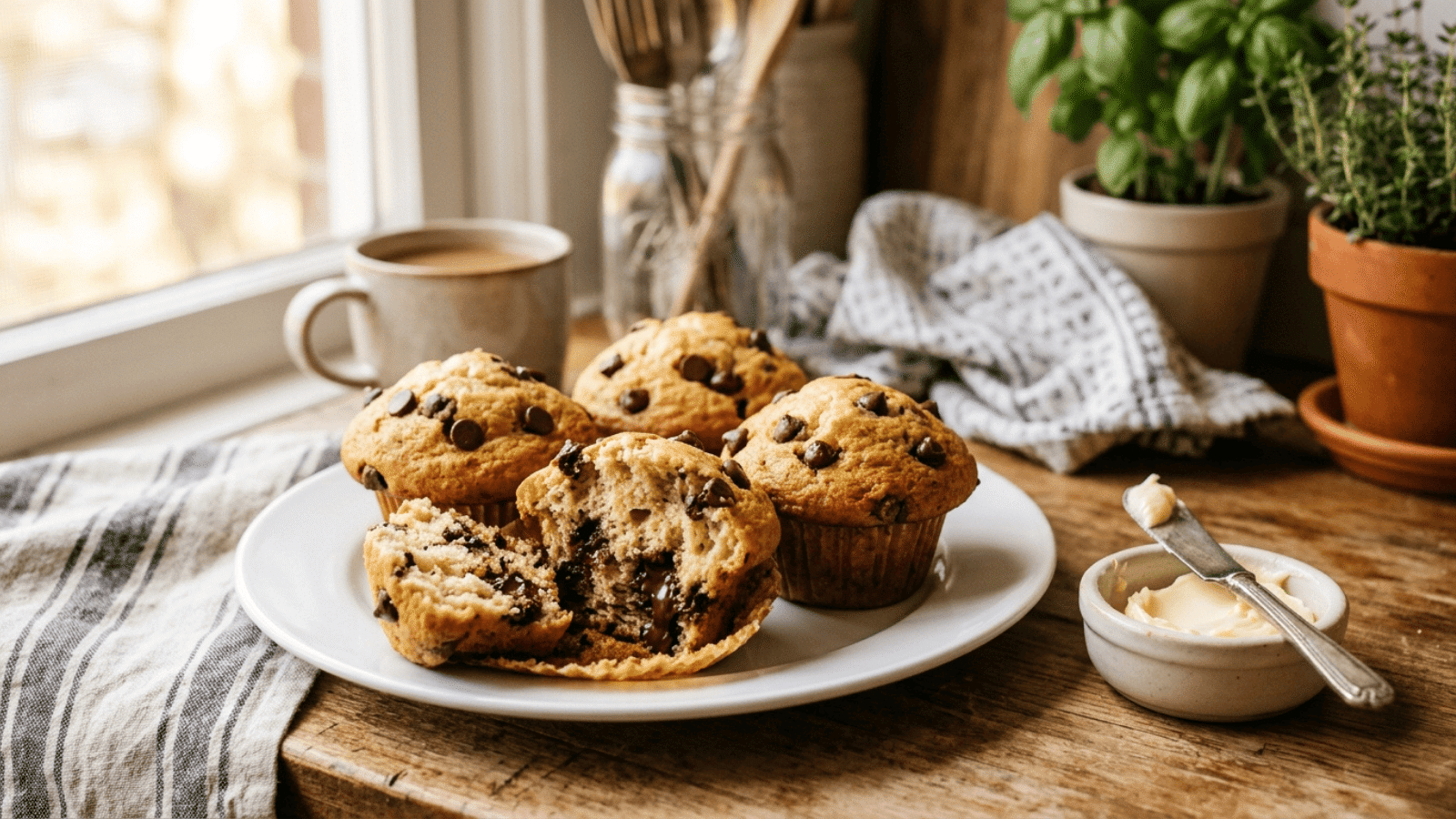 med chocolate chip muffins on a white plate, one broken open to reveal the soft interior with melted chocolate chips, a small dish of butter on the side
