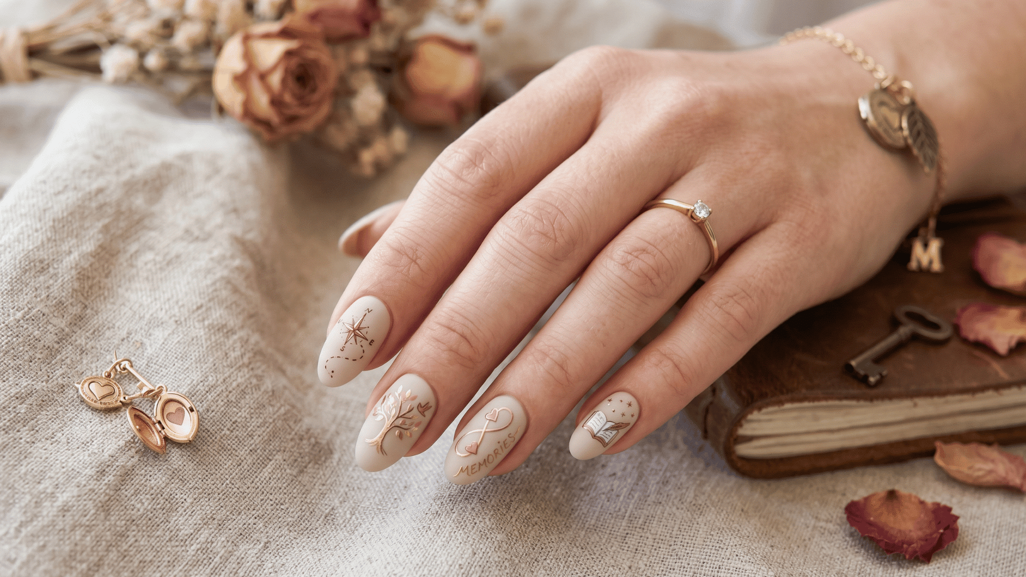memory inspired nail design with meaningful symbols and soft tones
