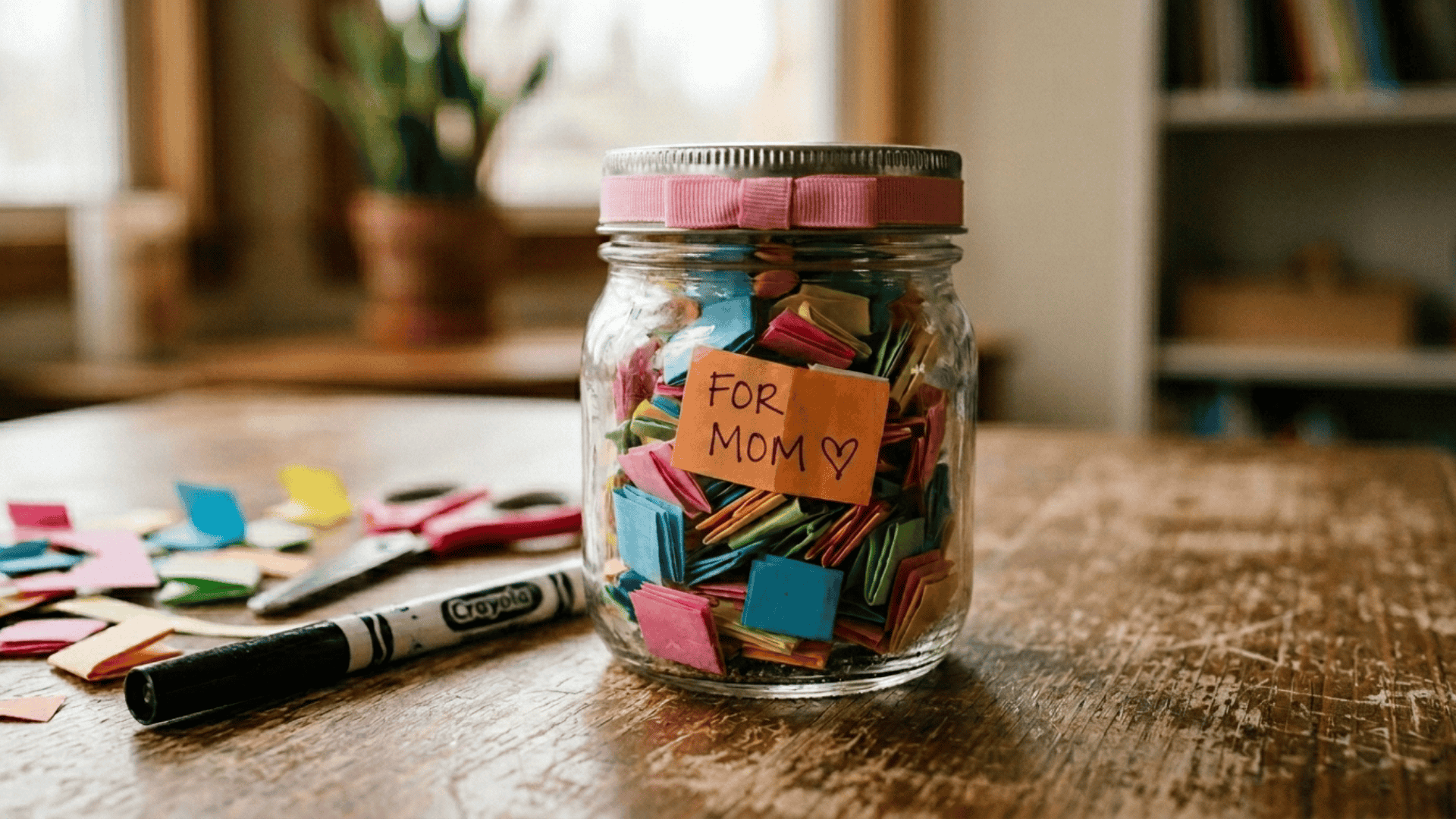 memory jar with handwritten notes folded inside and tied with a pink ribbon made as a diy mothers day gift