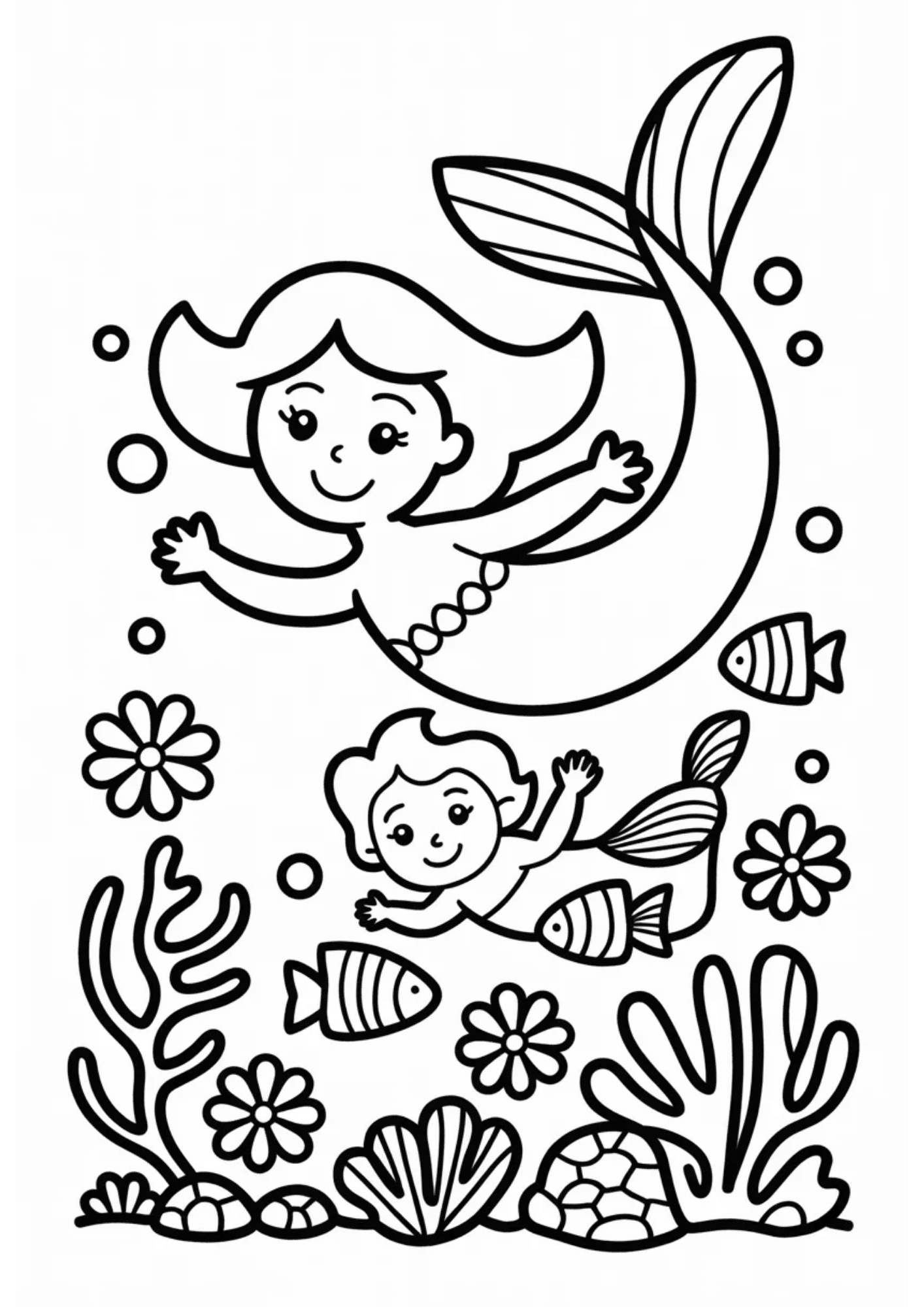 mermaid mother and baby swimming underwater with fish coral and flowers in playful cartoon coloring page