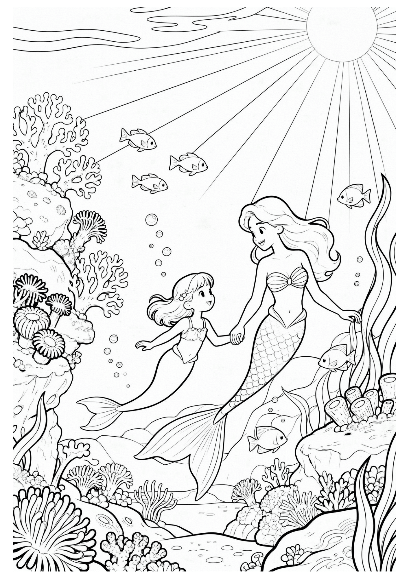 mermaid mother holding hands with child underwater among fish, coral and flowing sea plants