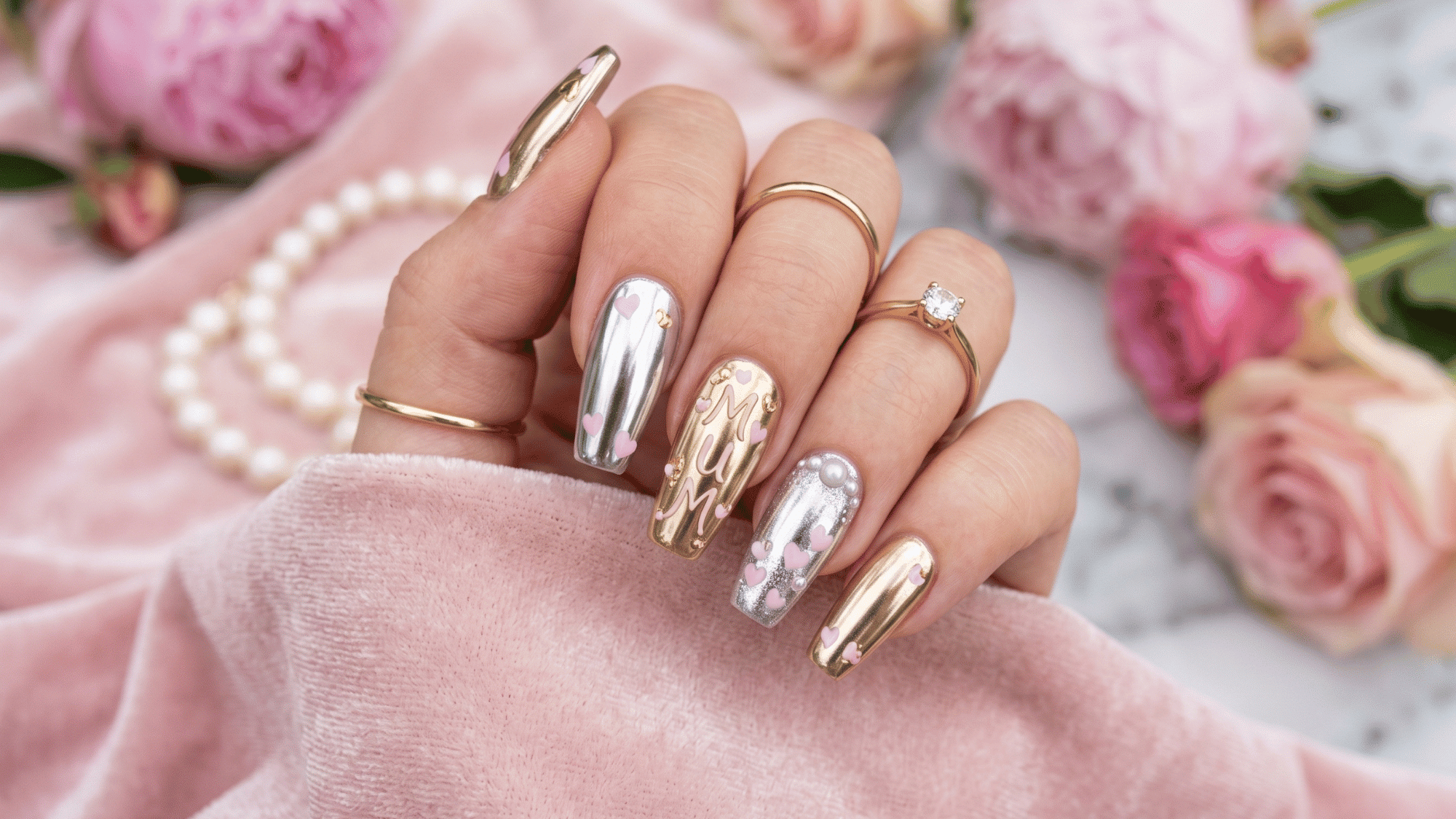 metallic mum heart nails with gold chrome finish and soft pink accents for mother’s day