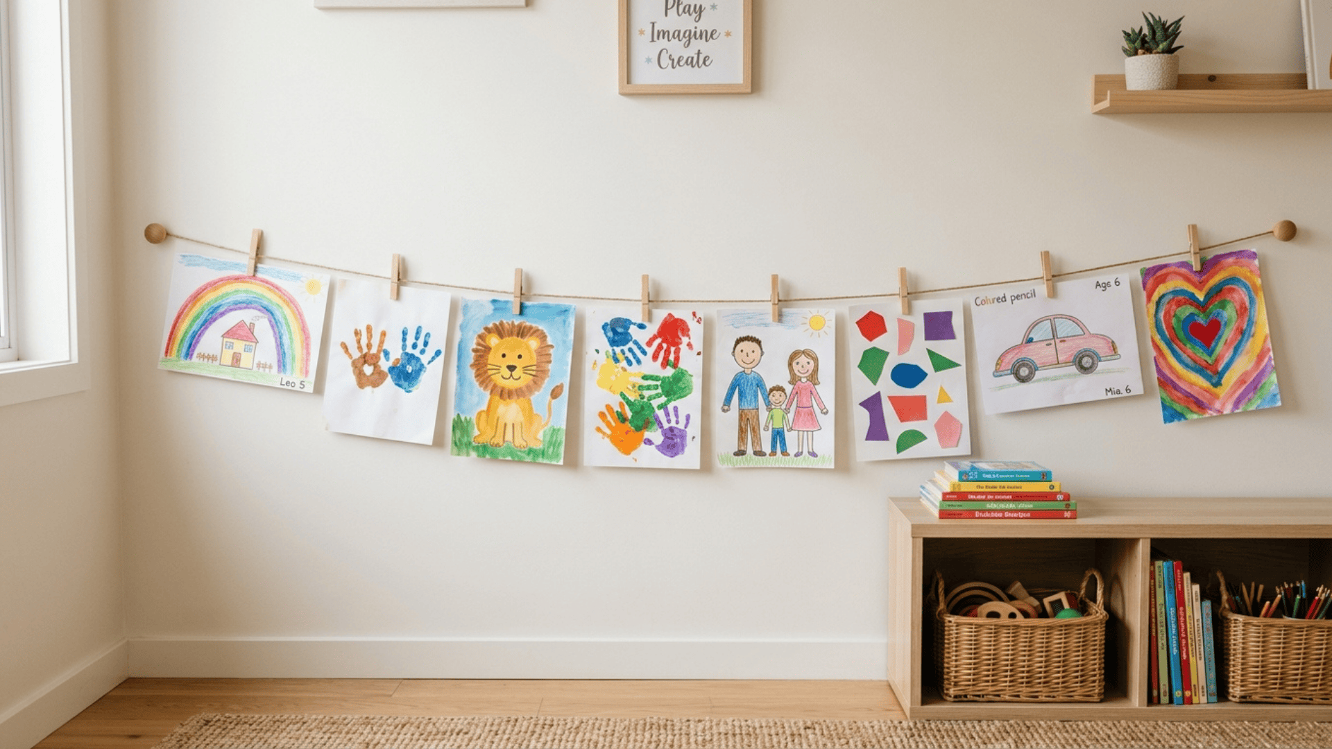 mini art display wall using clips to show artwork without using floor space in a compact playroom