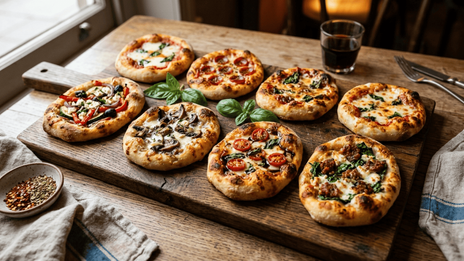 mini margherita pizzas on a wooden board, melted cheese bubbling, fresh basil leaves on top, vibrant red sauce visible, warm natural lighting