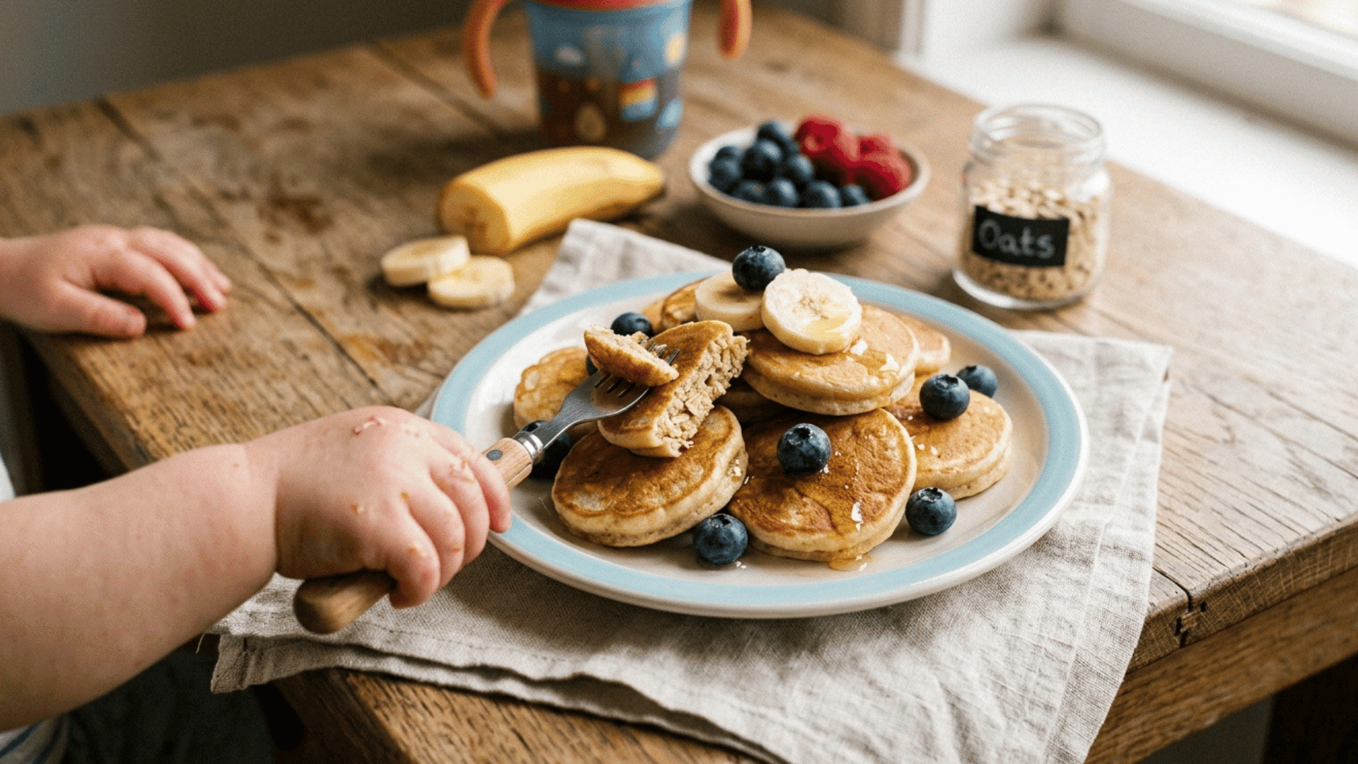mini pancakes with banana and blueberries on a plate, toddler holding fork.
