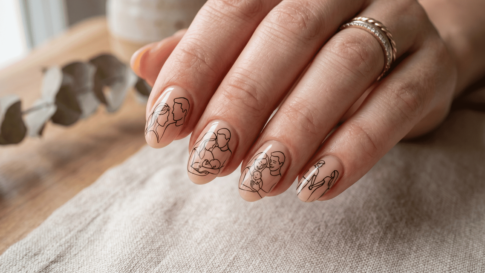 minimal family portrait line art nail design on nude nails