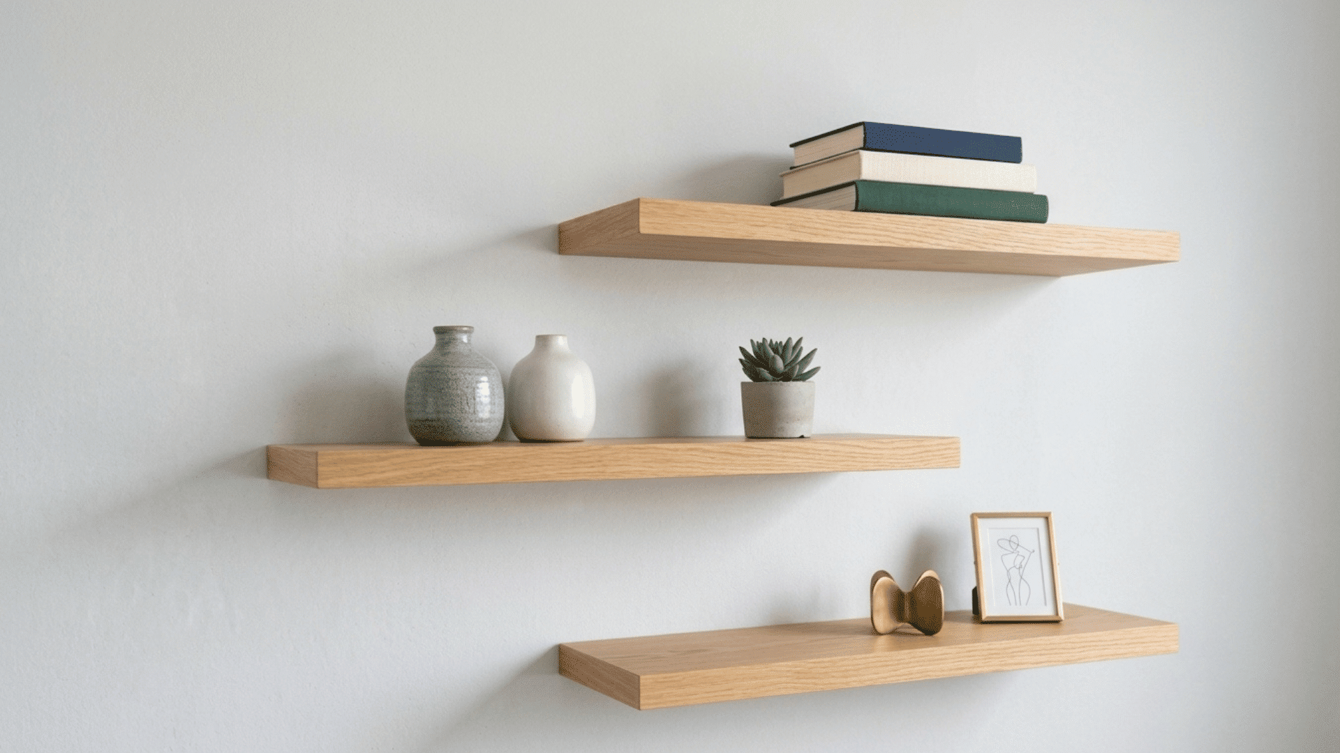 minimal floating wooden shelves with books, decor items, and small plants on a white wall.