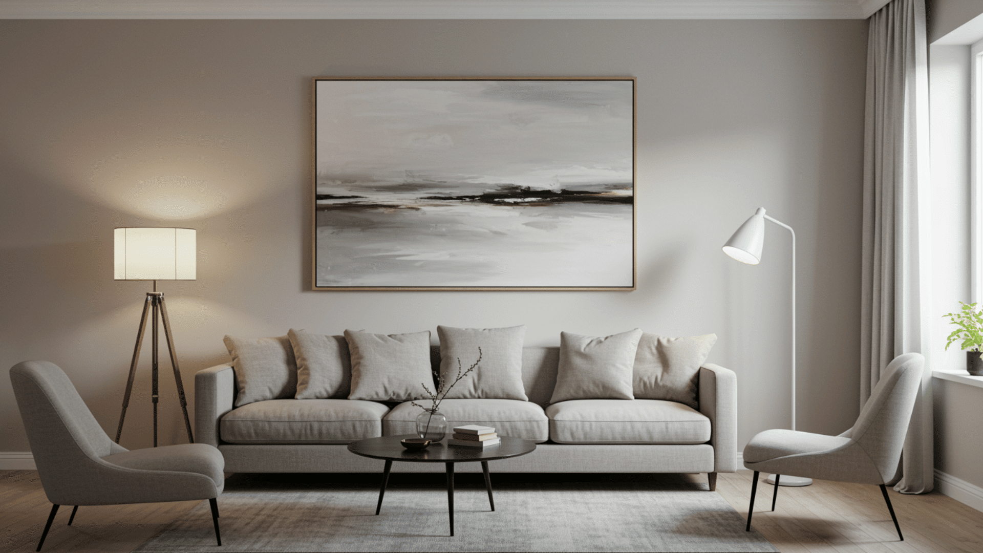 minimal living room with large statement artwork centered above sofa, clean design, soft lighting and modern decor