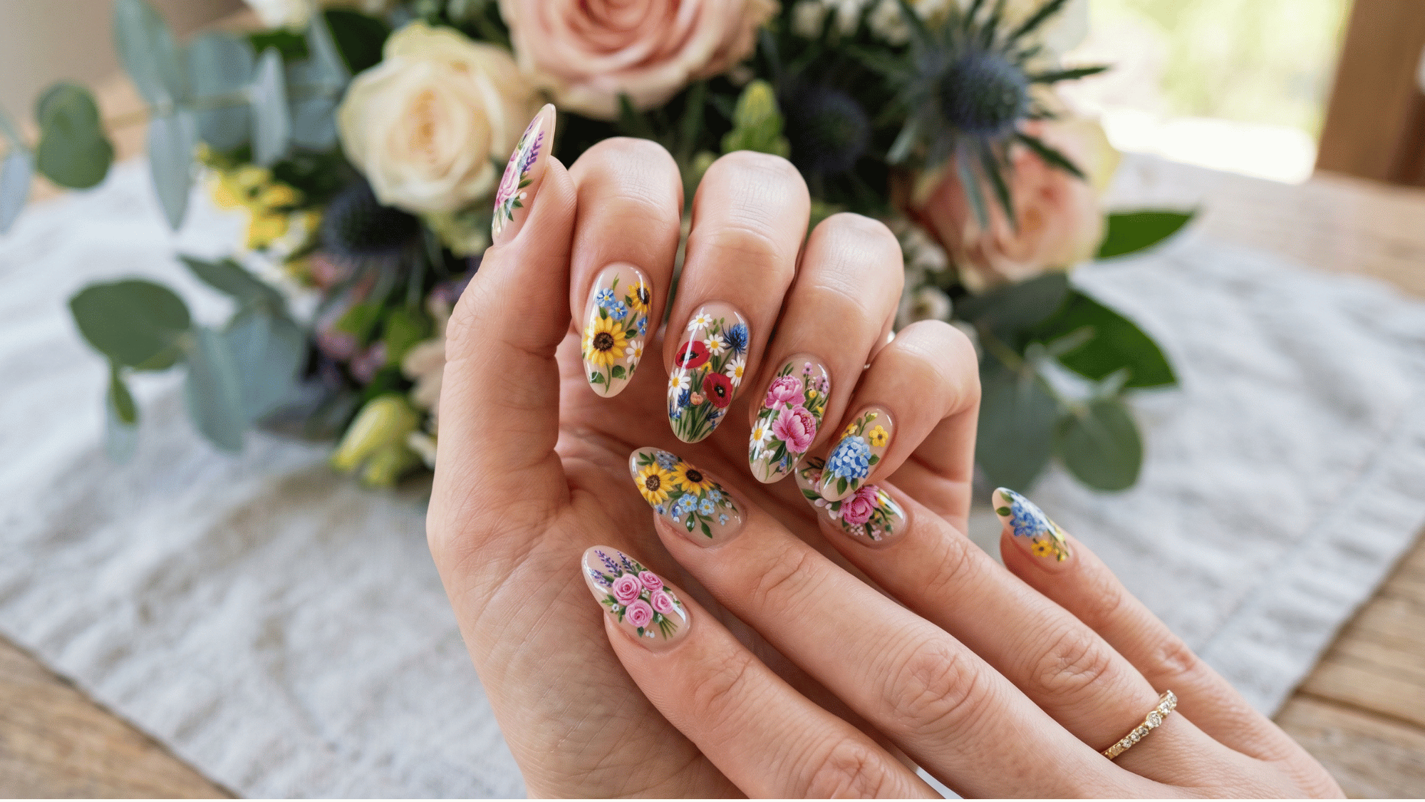 mixed bouquet nail design with colorful floral art on each nail