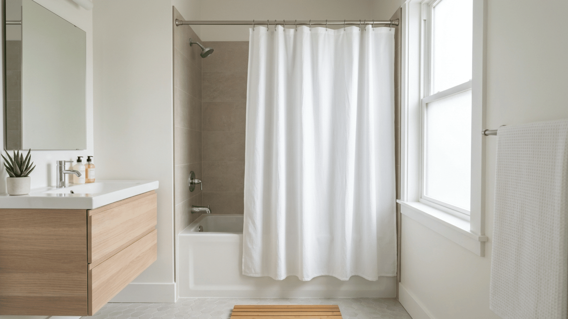 modern bathroom with standard bathtub and white shower curtain hanging at proper height, clean layout and natural lighting