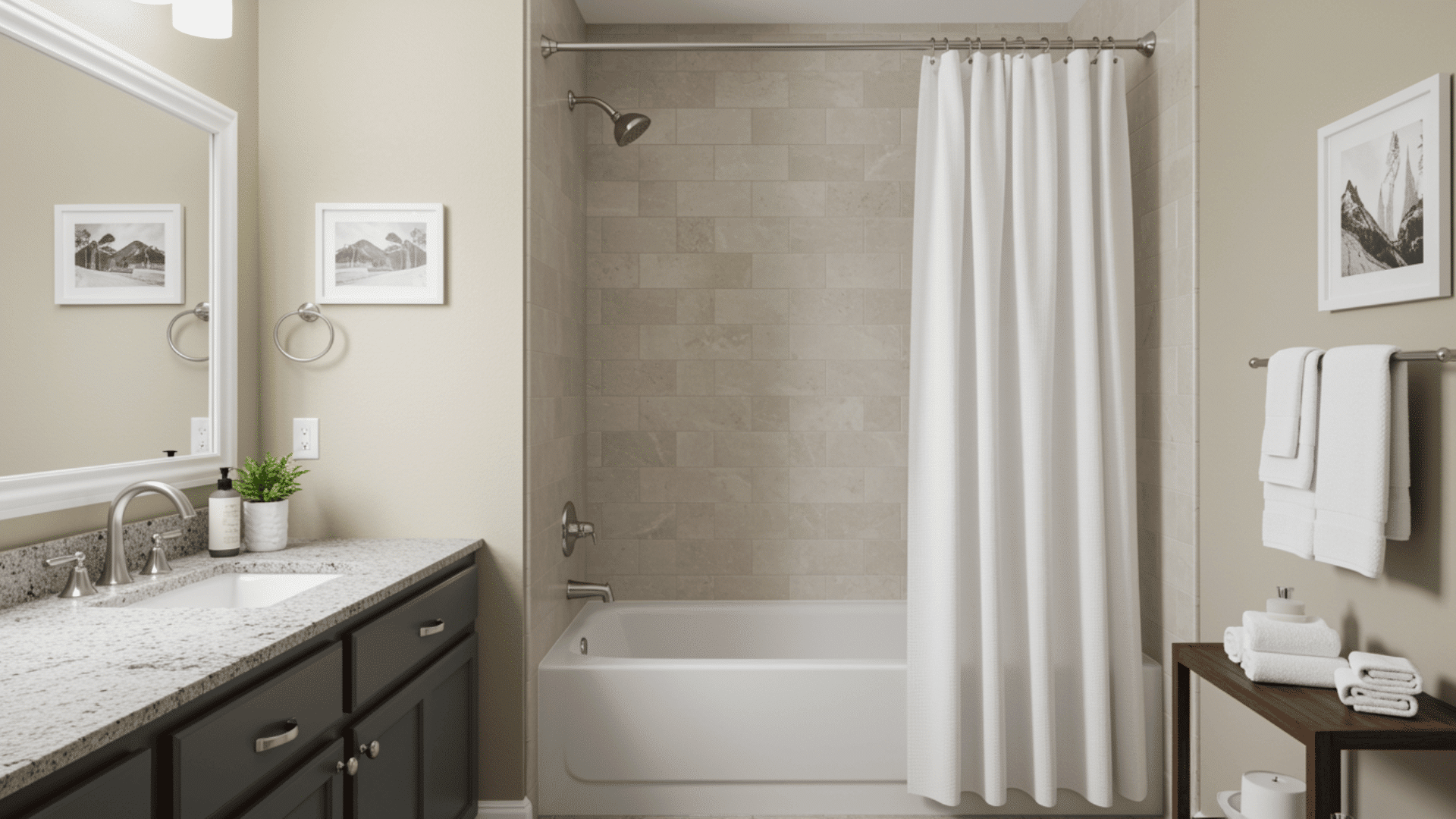 modern bathroom with standard bathtub and white shower curtain hanging at proper height, clean layout, neutral tones, and soft lighting