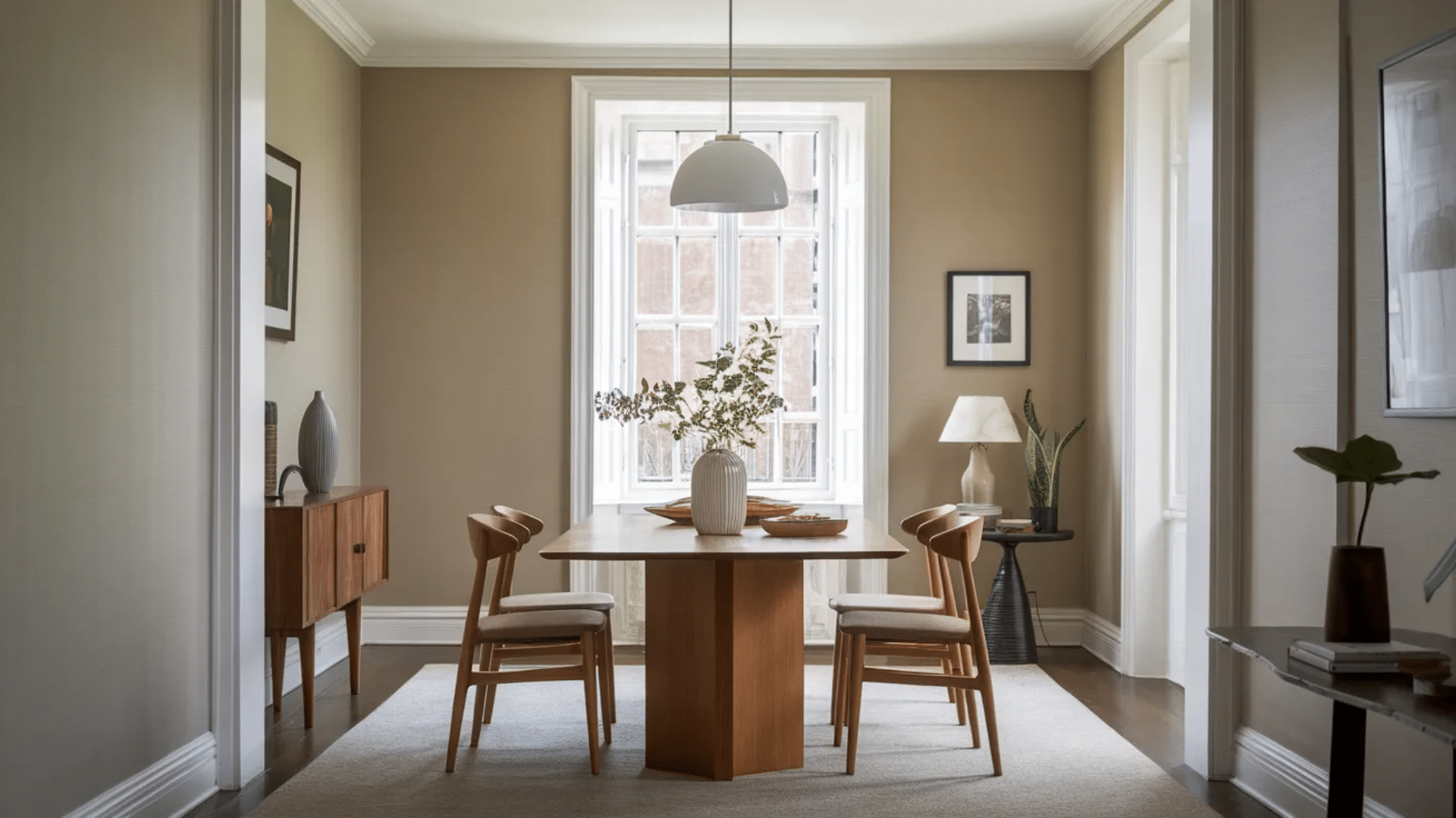 modern dining room with eggshell paint walls, wooden dining table, pendant lighting and natural window light creating a clean interior