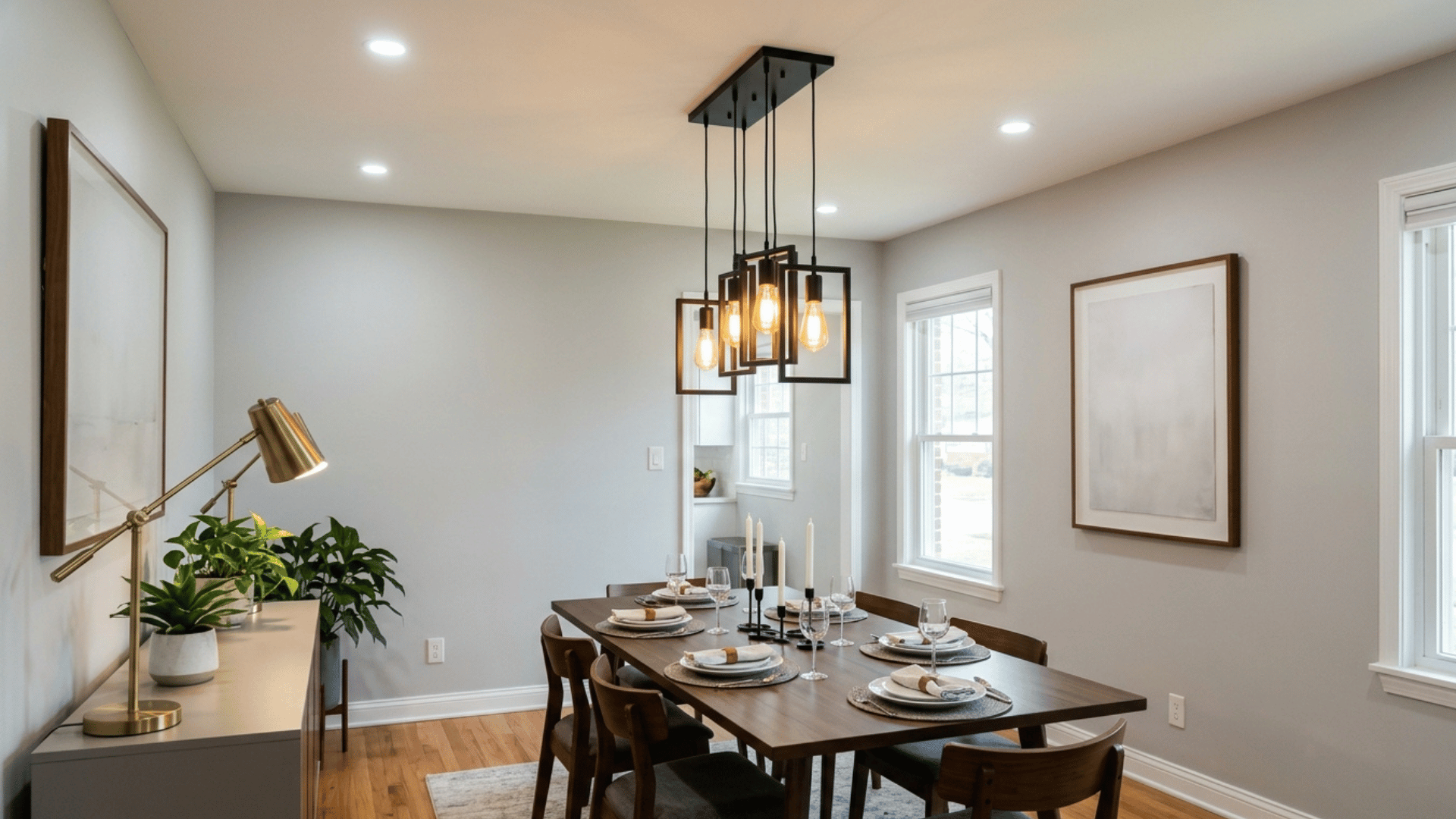 modern dining room with wooden table, chairs, and stylish hanging light fixture.