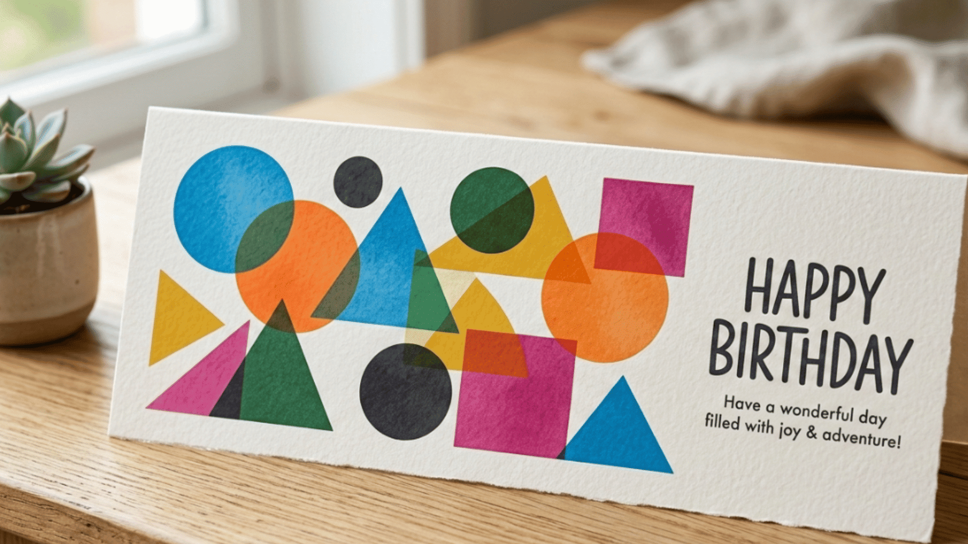 modern geometric shapes like circles and triangles in contrasting bold colors