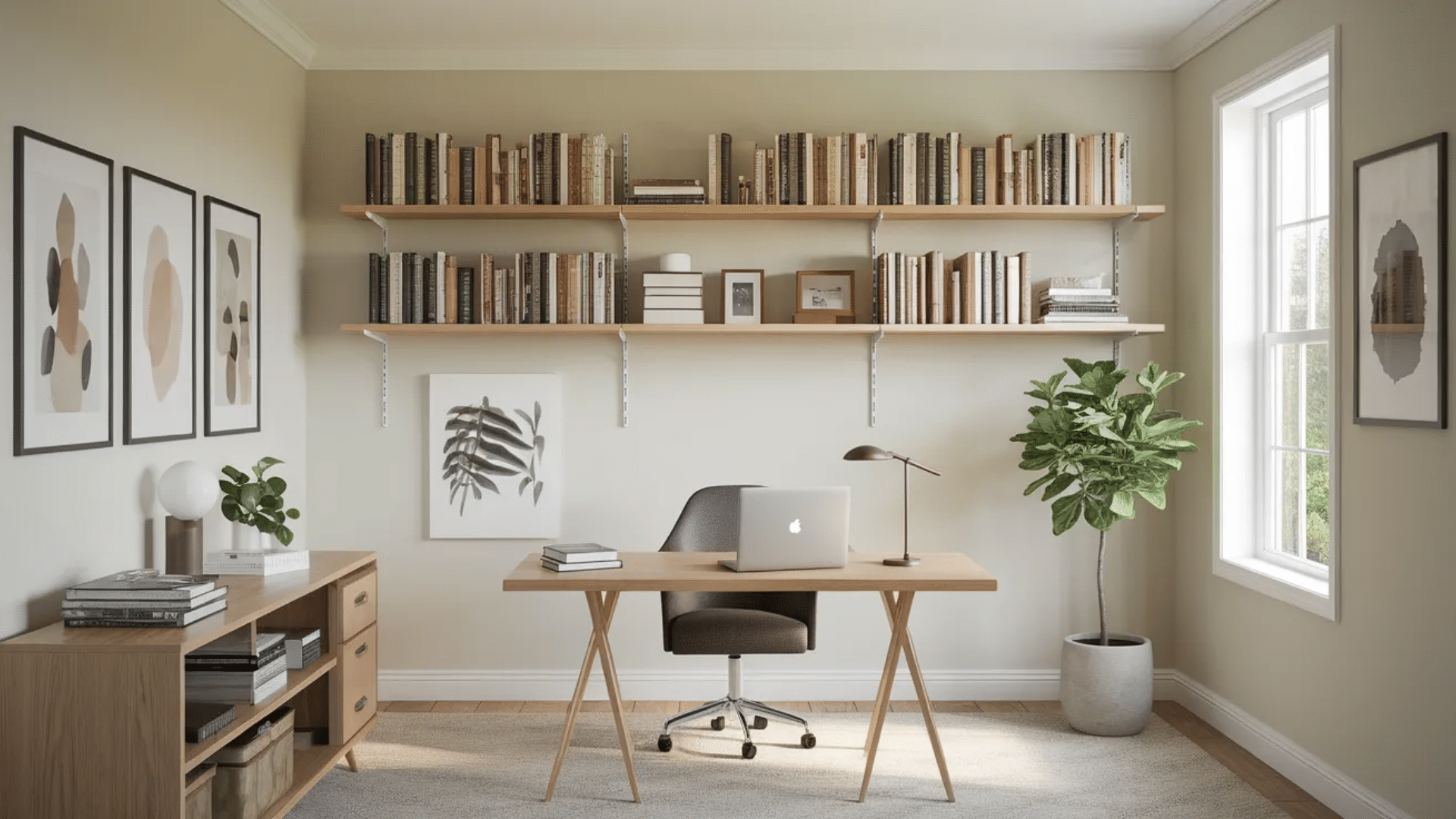 modern home office with eggshell painted walls, desk setup, bookshelf, indoor plant and natural window light creating a clean workspace
