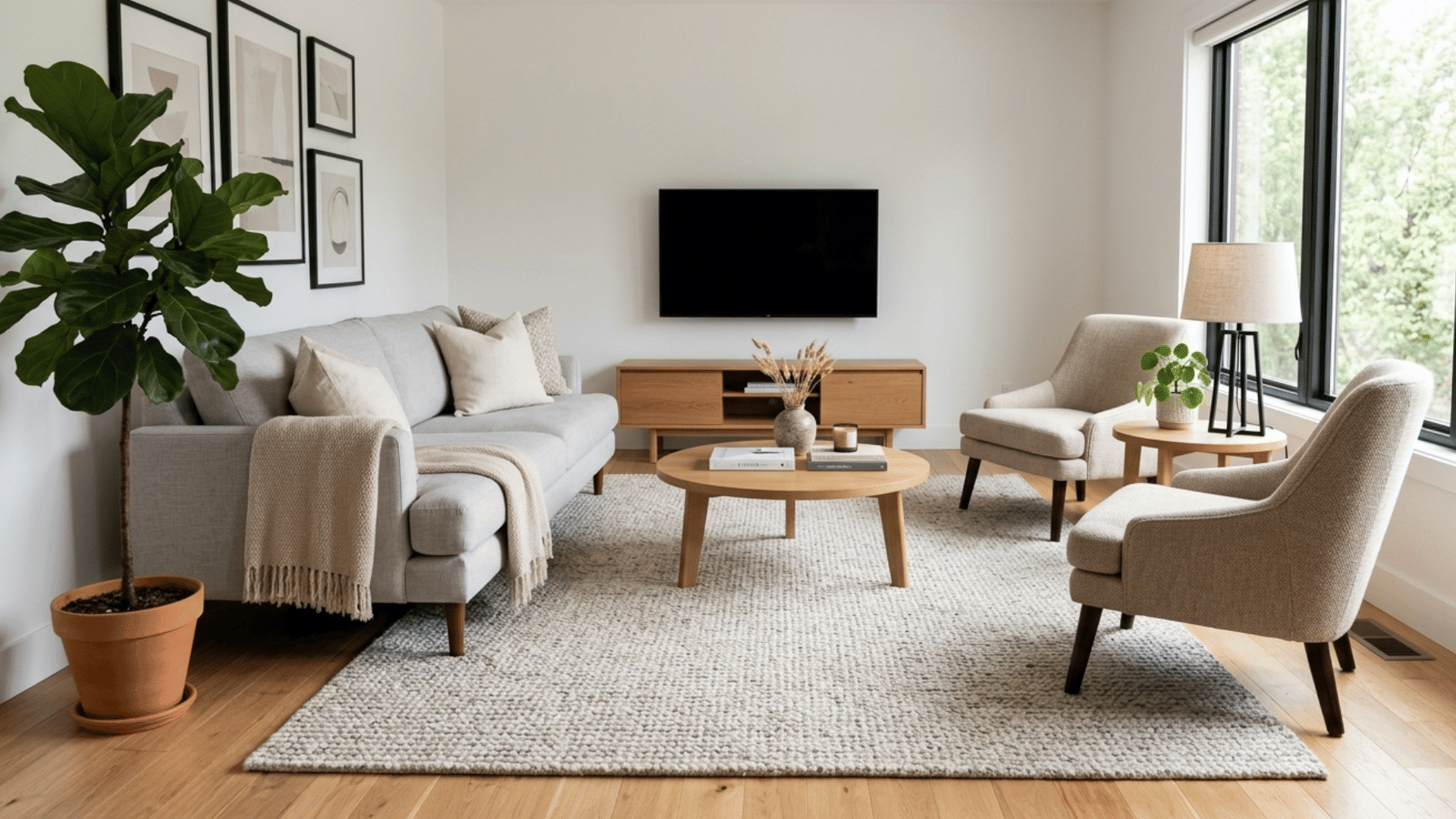 modern living room with 6x9 rug under sofa and chairs showing balanced layout and visible floor edges