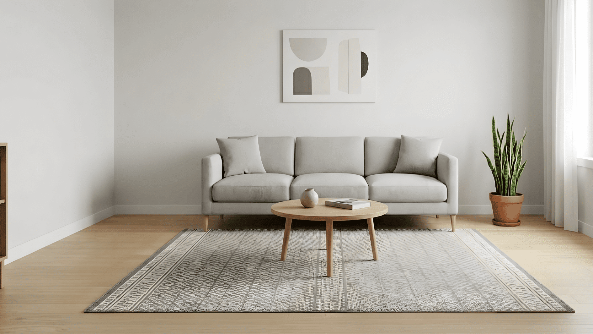modern living room with 6x9 rug under sofa and chair onwooden floor