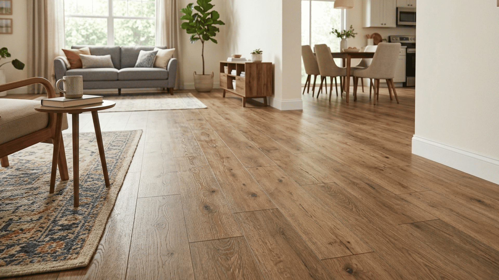 modern living room with installed vinyl plank flooring, showing wood-look finish across open space.