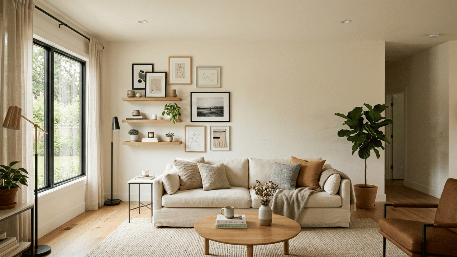 modern living room with partial gallery wall and floating shelves above sofa, neutral decor, plants, and soft natural light creating a cozy space