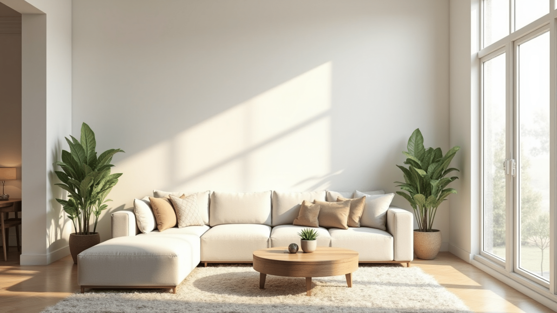 modern living room with warm neutral eggshell-painted walls and soft natural light creating a smooth low-sheen look