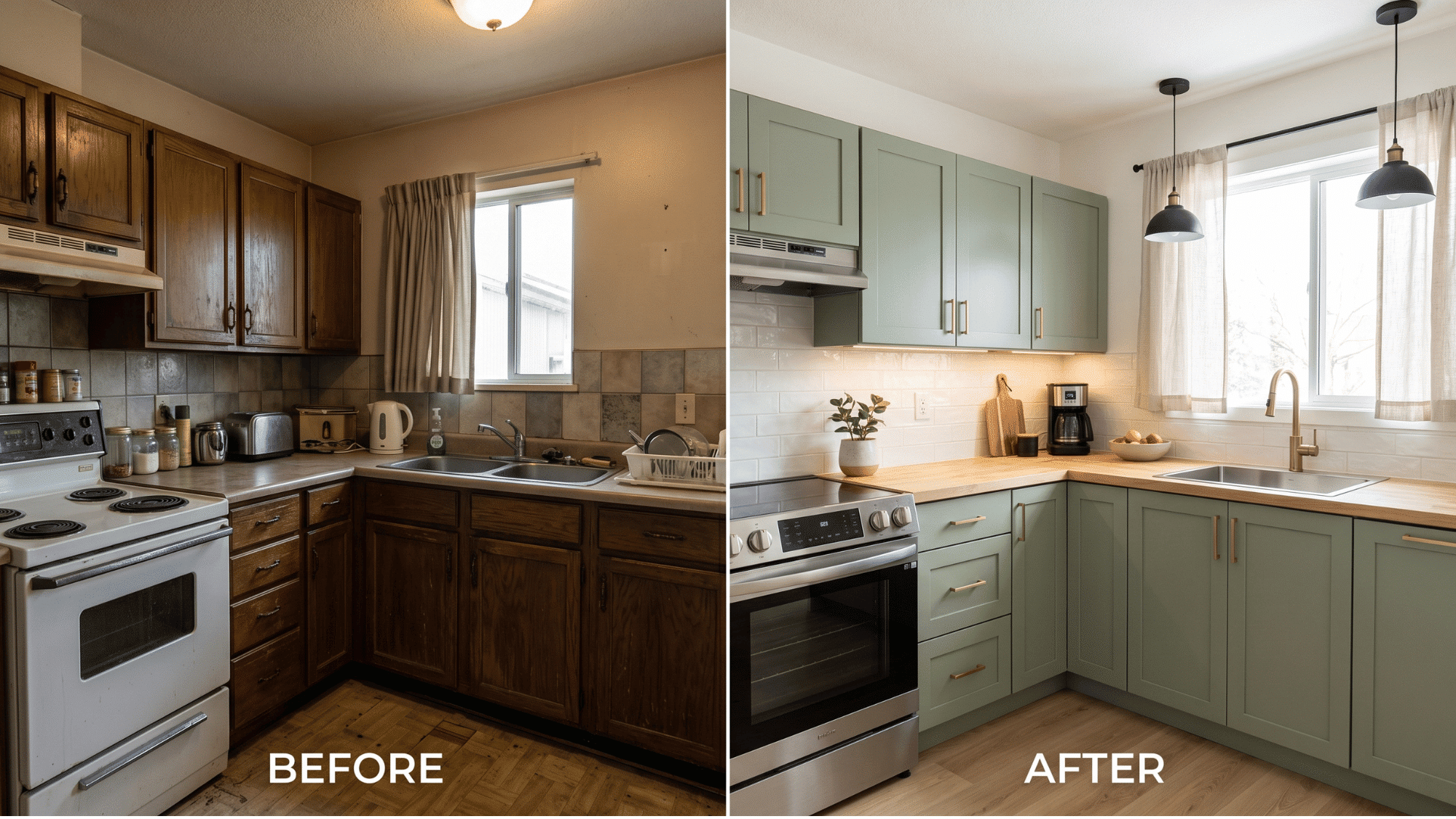 modern small kitchen before-and-after split scene