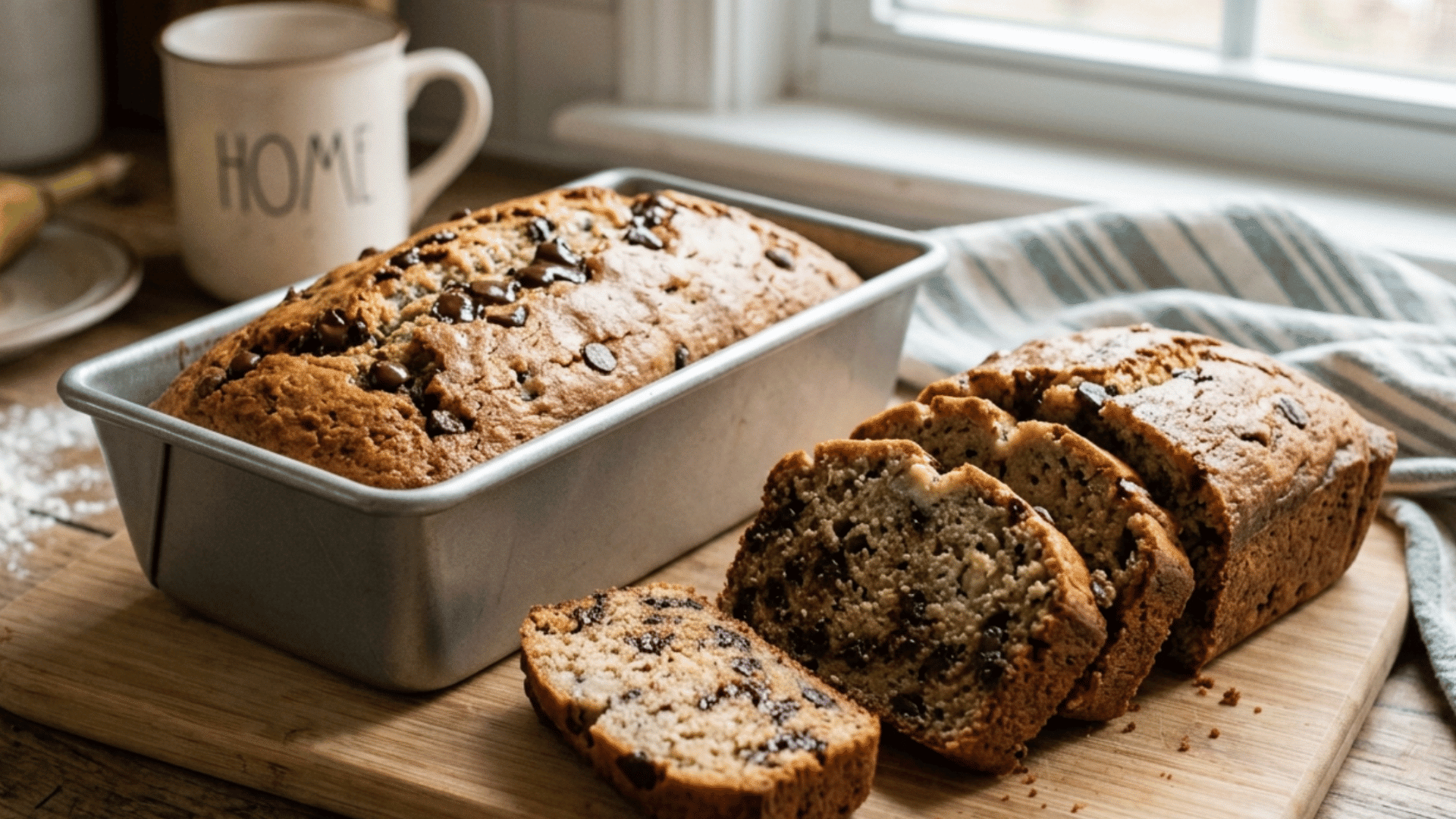 moist and golden banana bread loaf sliced and served on a wooden board for a cozy mothers day brunch