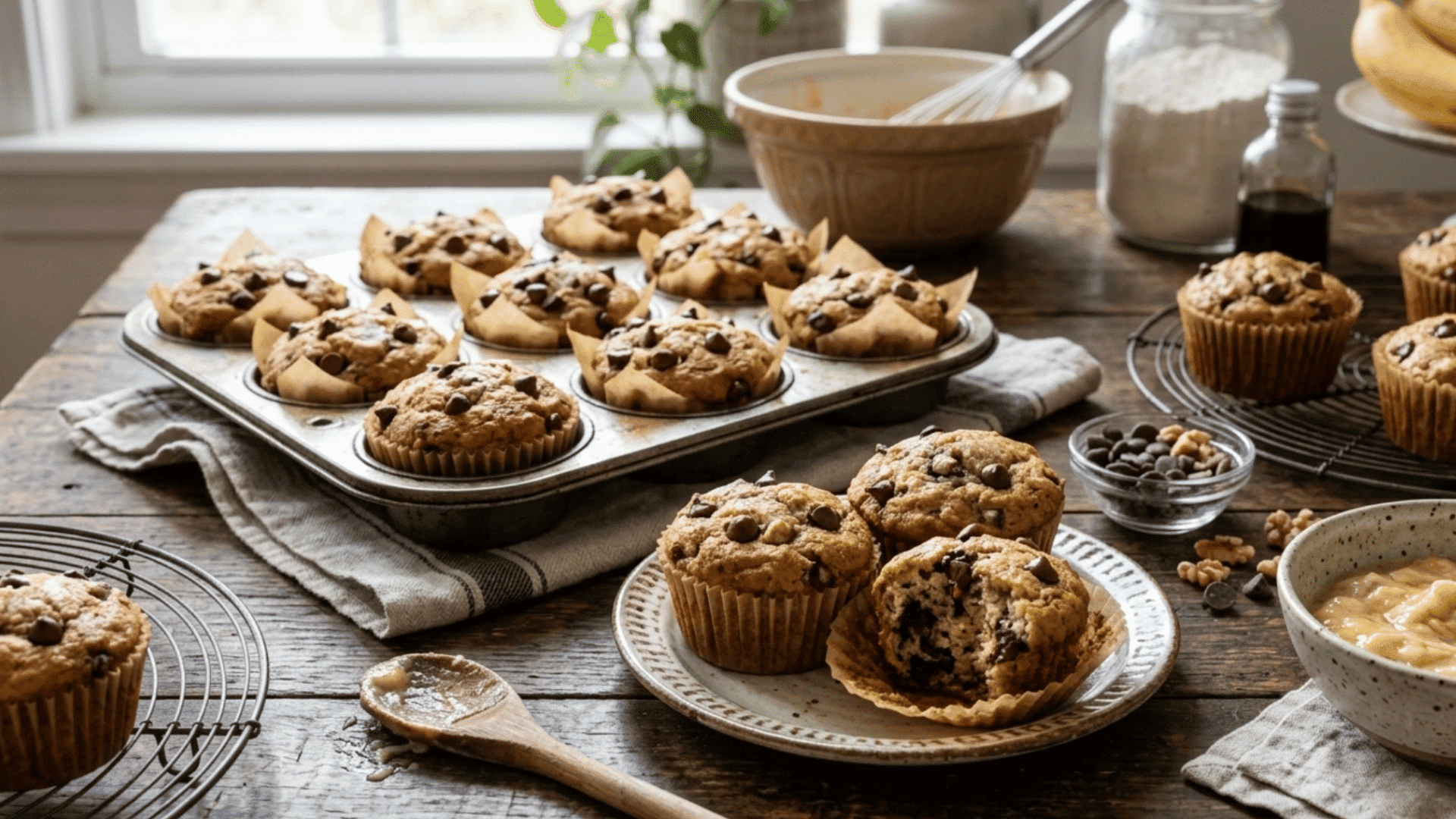 moist banana chocolate muffins made with whole wheat flour and dark chocolate chips
