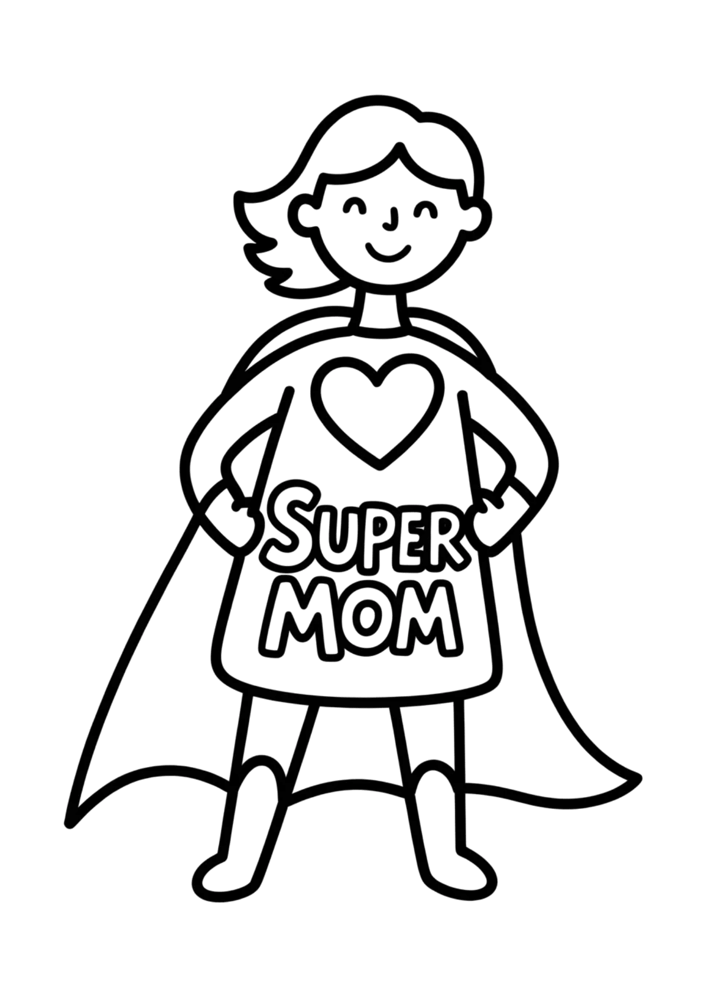 mom dressed as superhero with cape and heart symbol and text super mom in a fun and empowering cartoon design