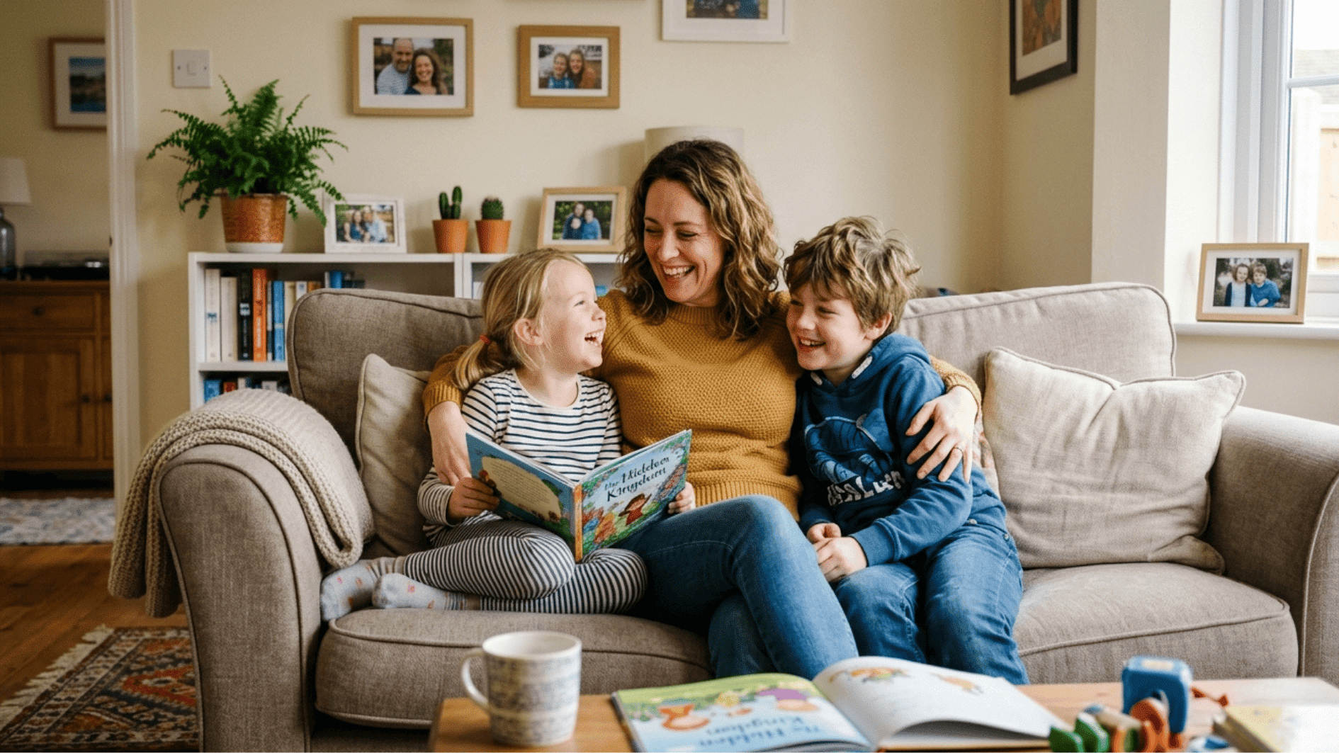 mom reading a book with her kids on the couch, sharing a warm family bonding moment in a cozy living room