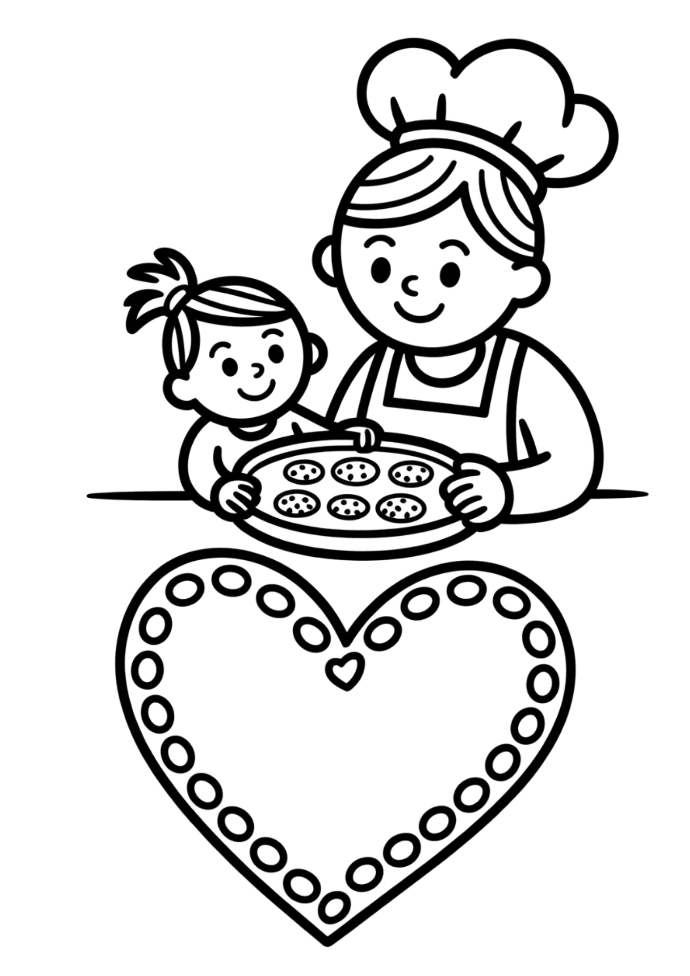 mother and child baking cookies together at table with tray of treats and heart shape below in cute line art