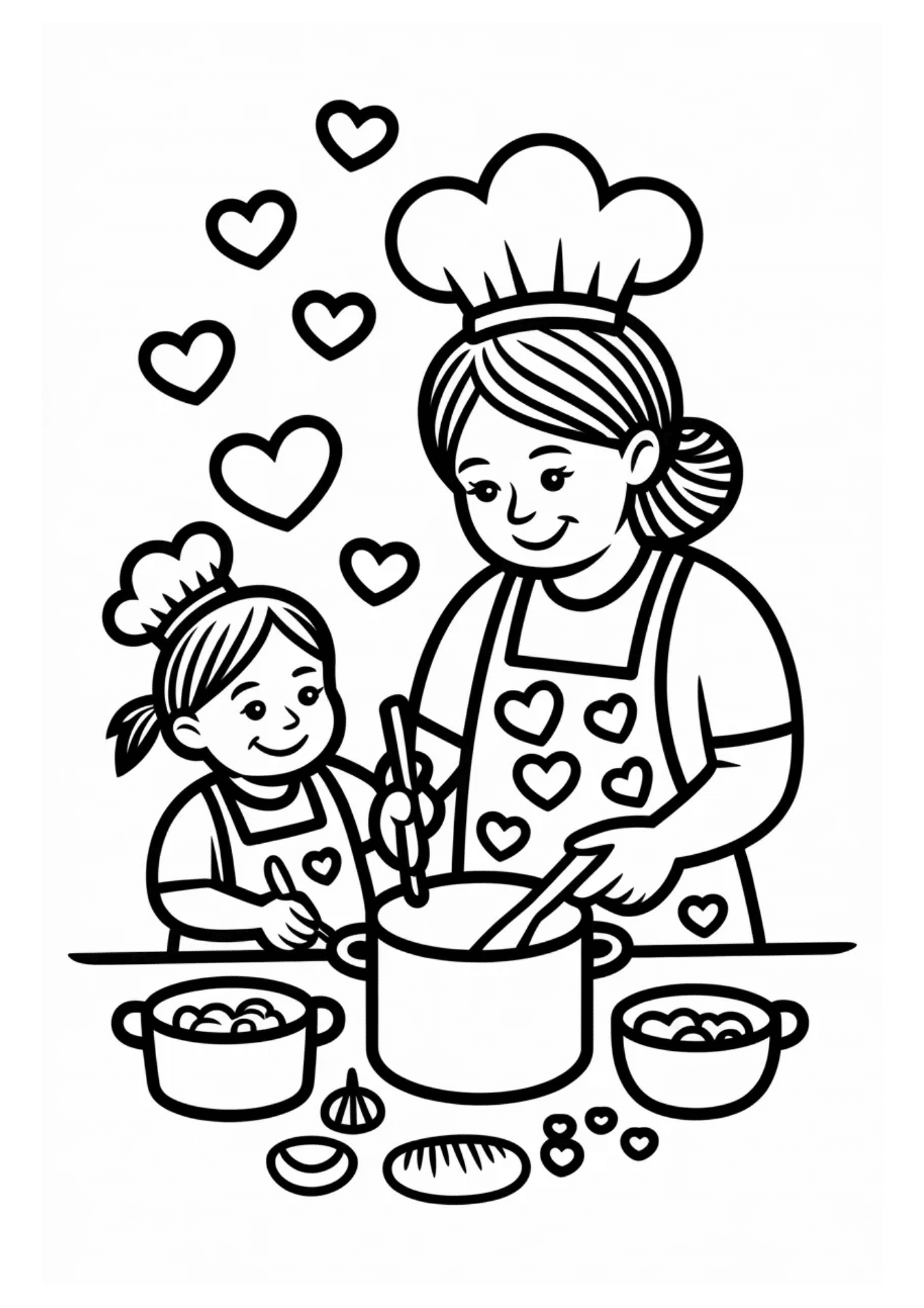 mother and child cooking together stirring pot with hearts around in cute kitchen coloring page scene
