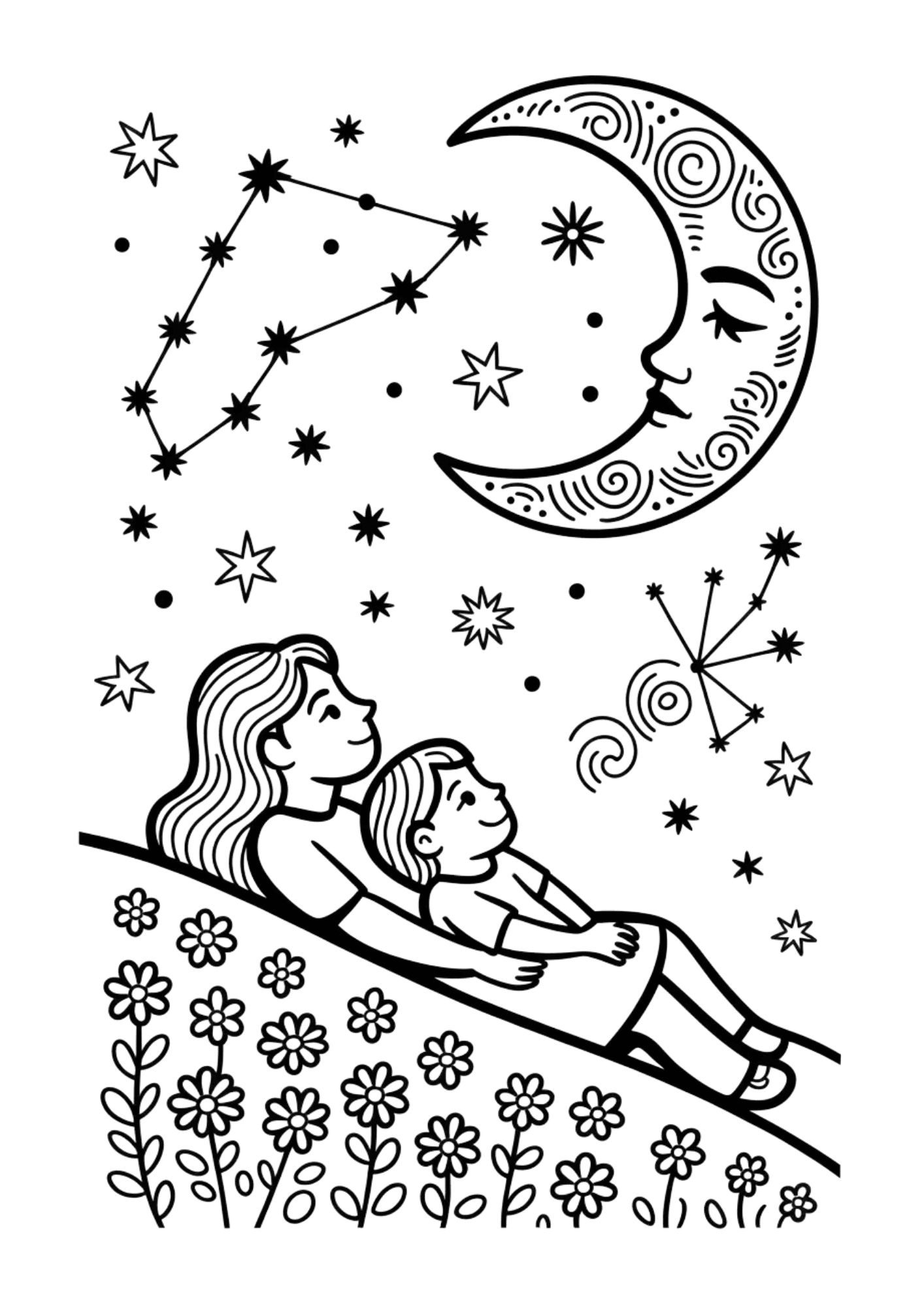 mother and child lying on a hill looking at stars, constellations and a crescent moon in a calm night sky scene