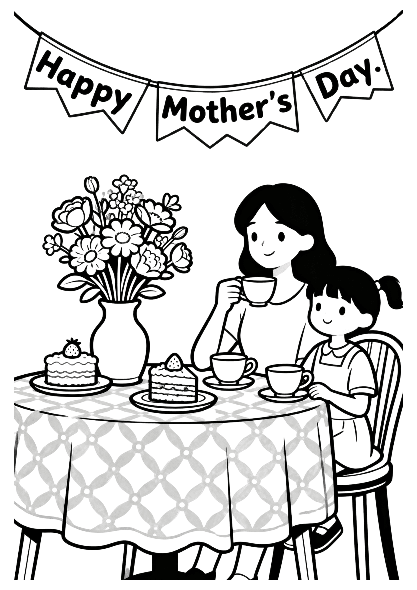 mother and child sitting at a table with cake and tea under a banner that says happy mother’s day