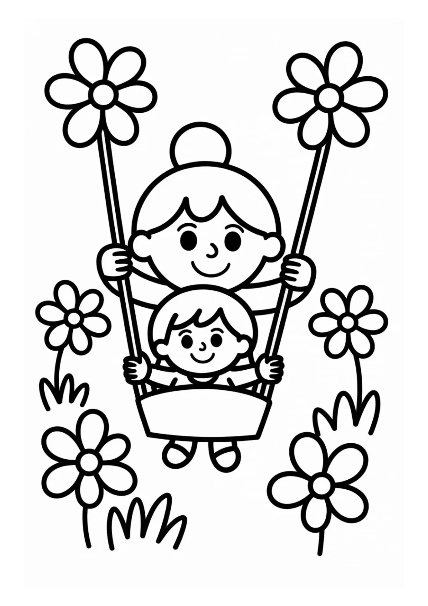 mother and child sitting together on a swing surrounded by flowers in a joyful and simple cartoon scene