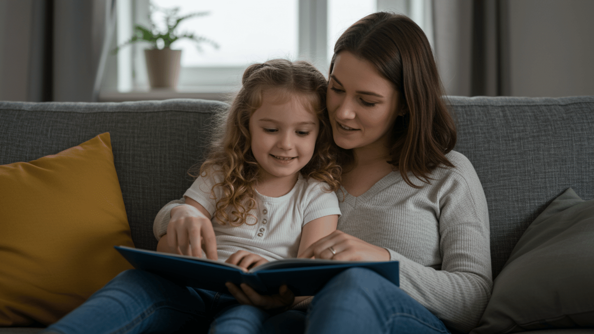 mother and daughter reading a storybook together on a cozy sofa, sharing a warm bonding moment in a calm home setting.