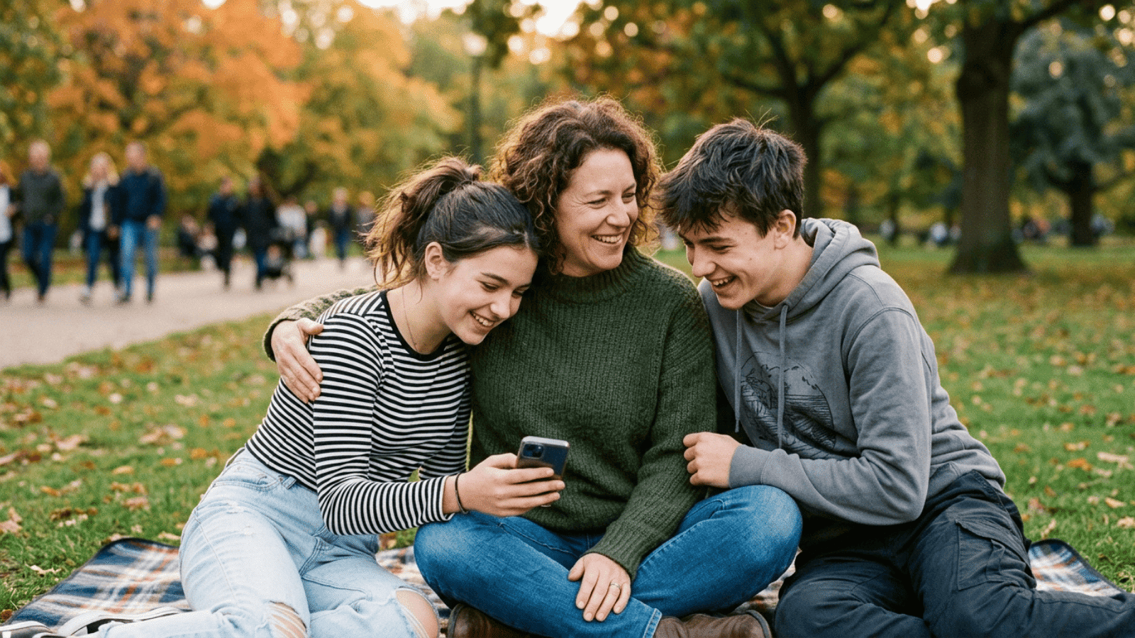 mother and her two children sitting outside in a garden area, smiling and laughing
