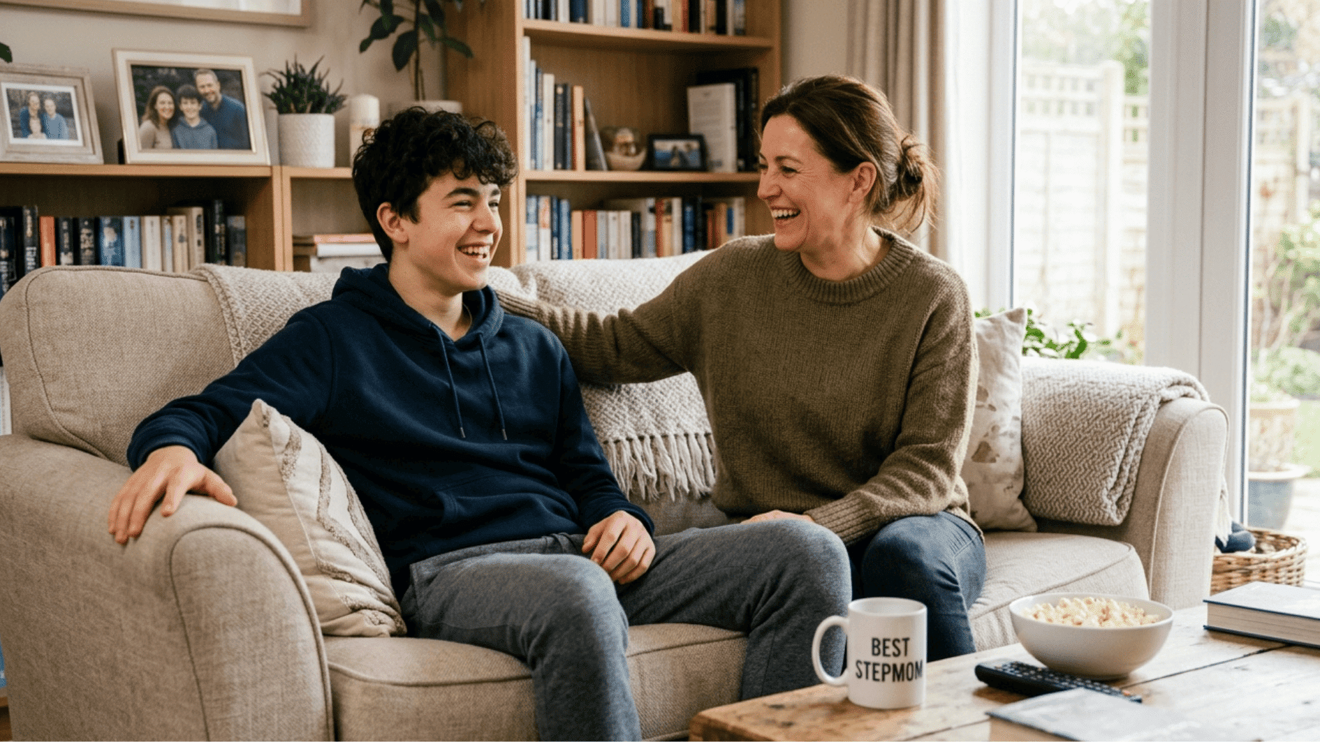 mother and teenage son sitting together on a couch, laughing and enjoying a relaxed and happy moment at home