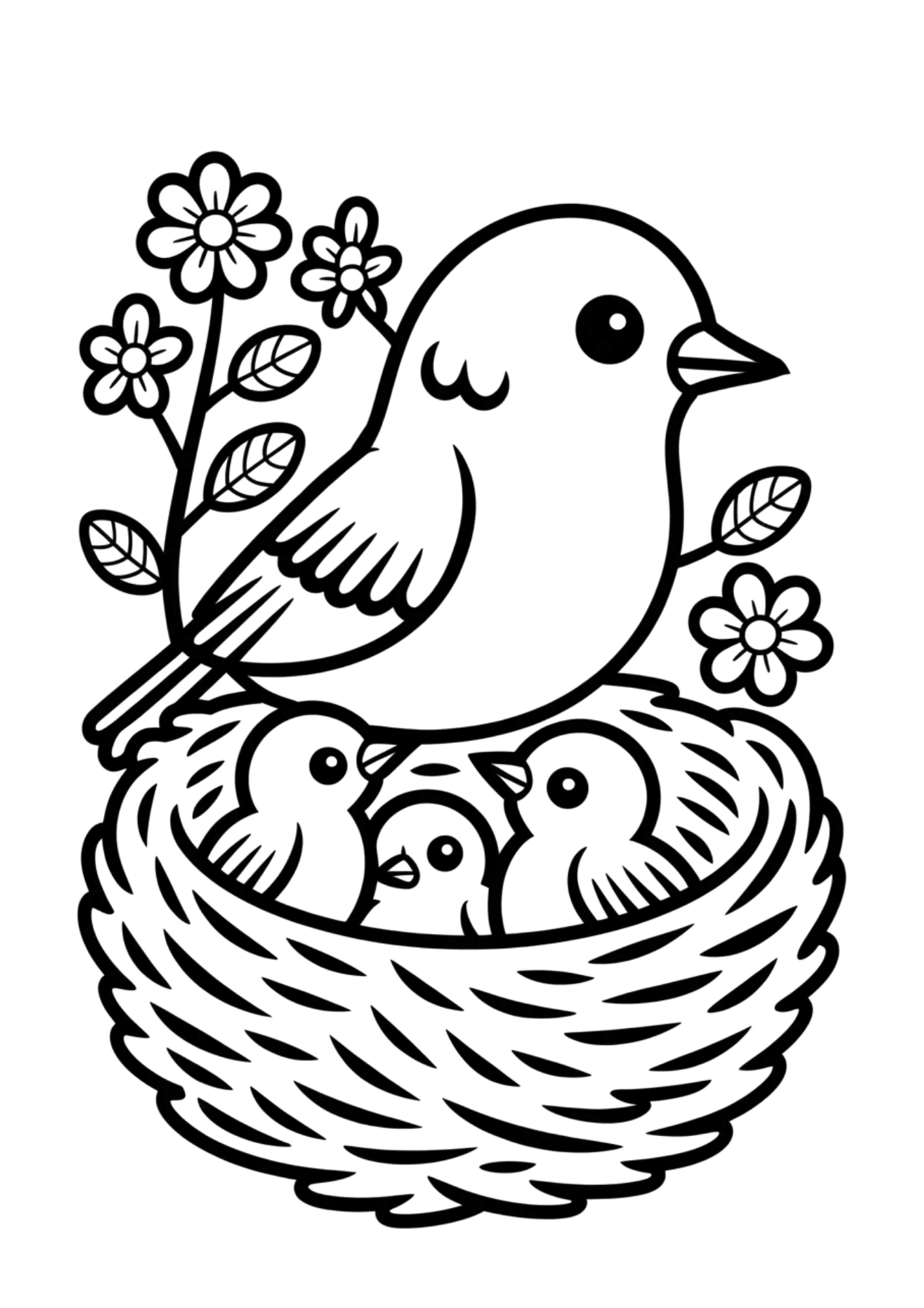 mother bird sitting on nest with baby birds and flowers around in a cute and detailed coloring page scene