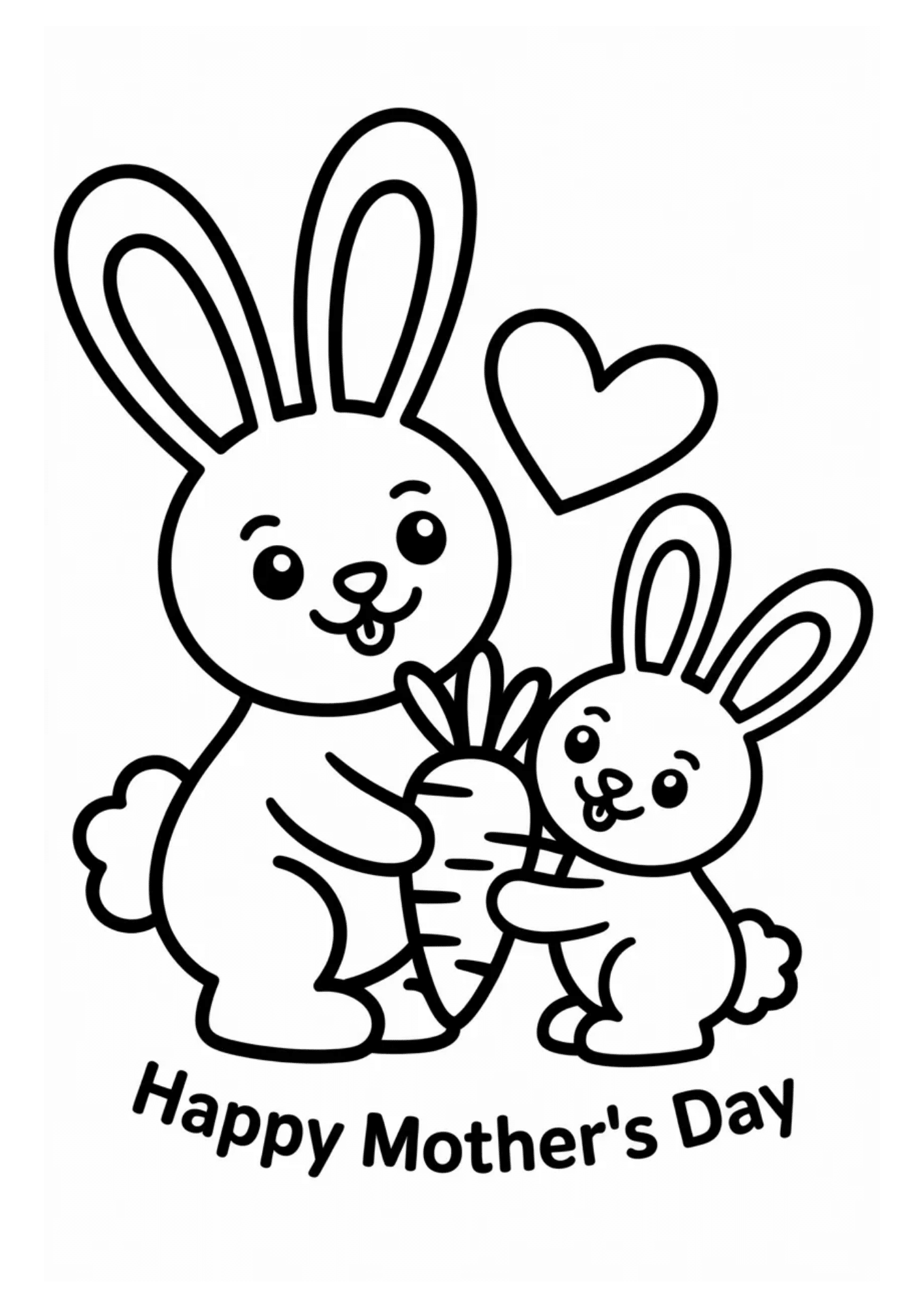 mother bunny and baby bunny holding carrot with heart and happy mothers day text in a cute simple drawing