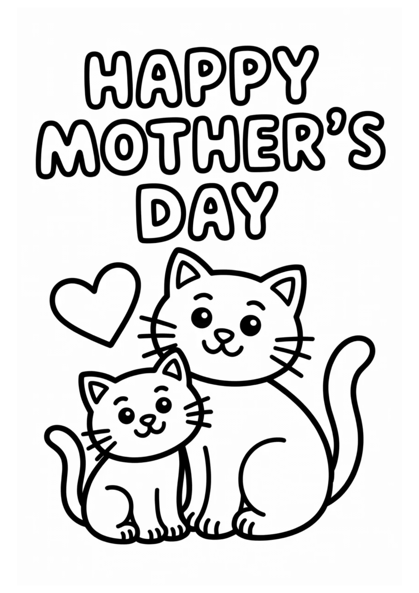 mother cat and kitten sitting together with heart and happy mothers day text in a sweet cartoon illustration