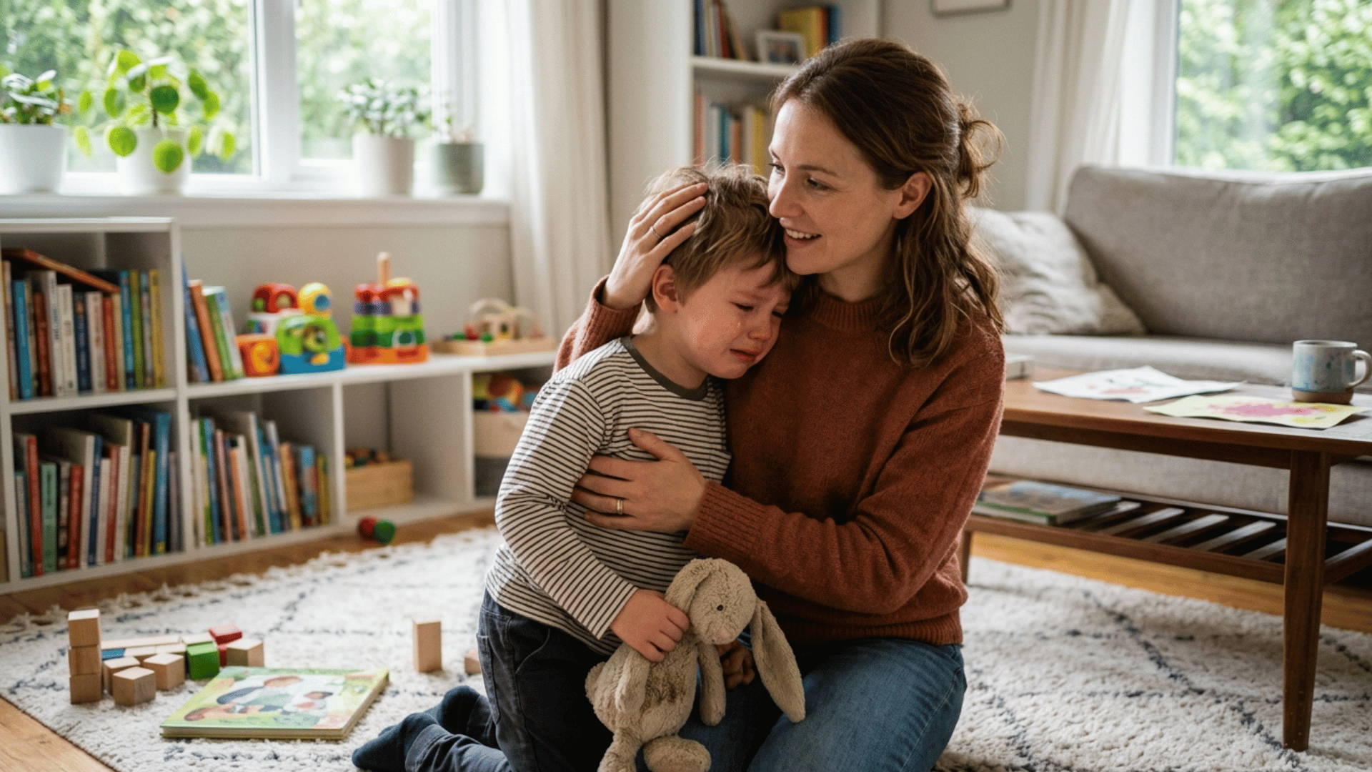 mother comforting a crying child with a hug, showing gentle parenting and emotional support at home.