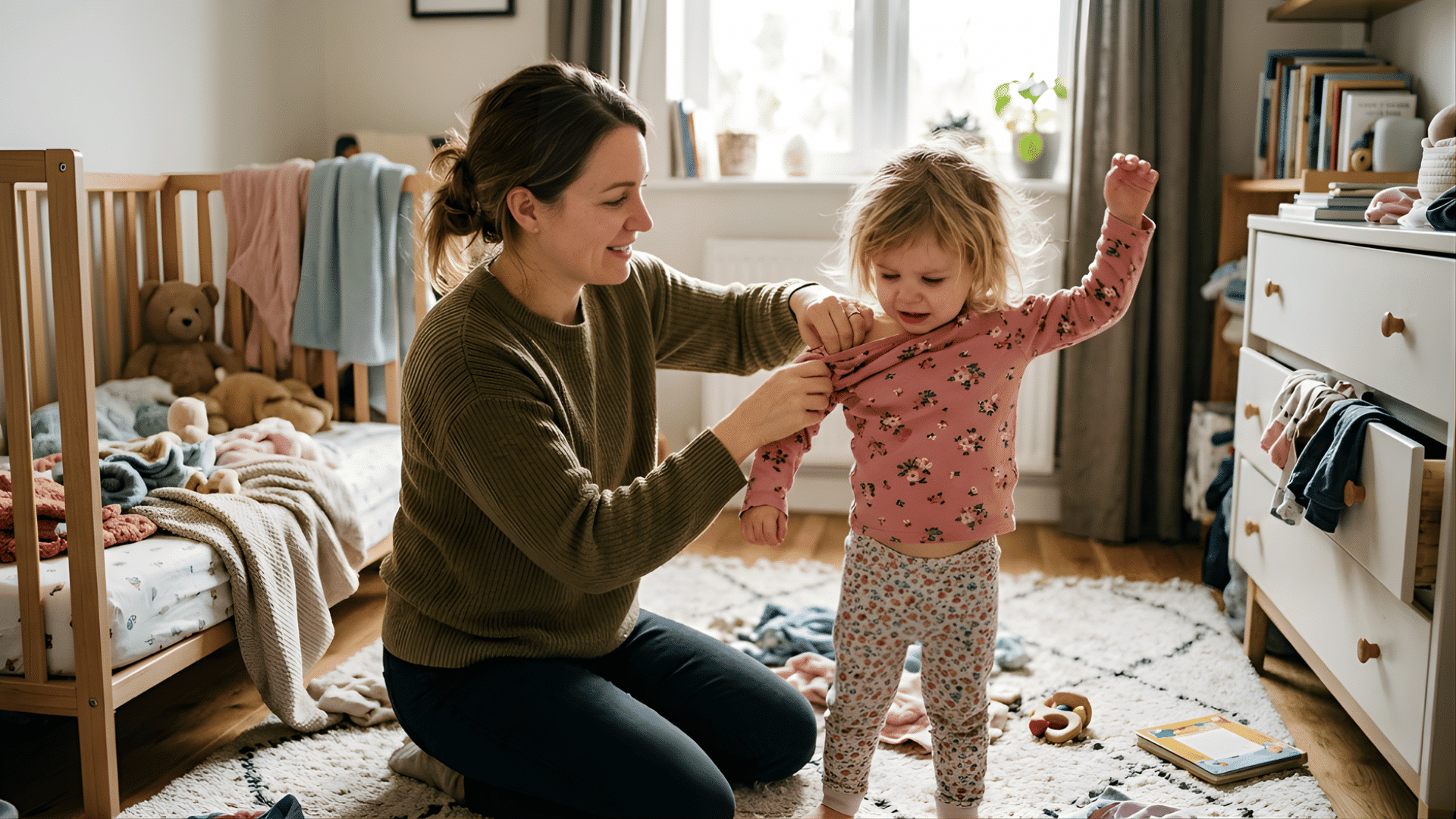 mother dressing her toddler in a bedroom while the child stands with arms raised, surrounded by toys and clothes